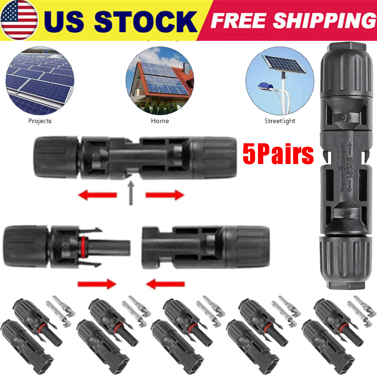 5Pairs Waterproof Solar Panel Connectors Male Female 30A DC1500V for 4-6mm Cable