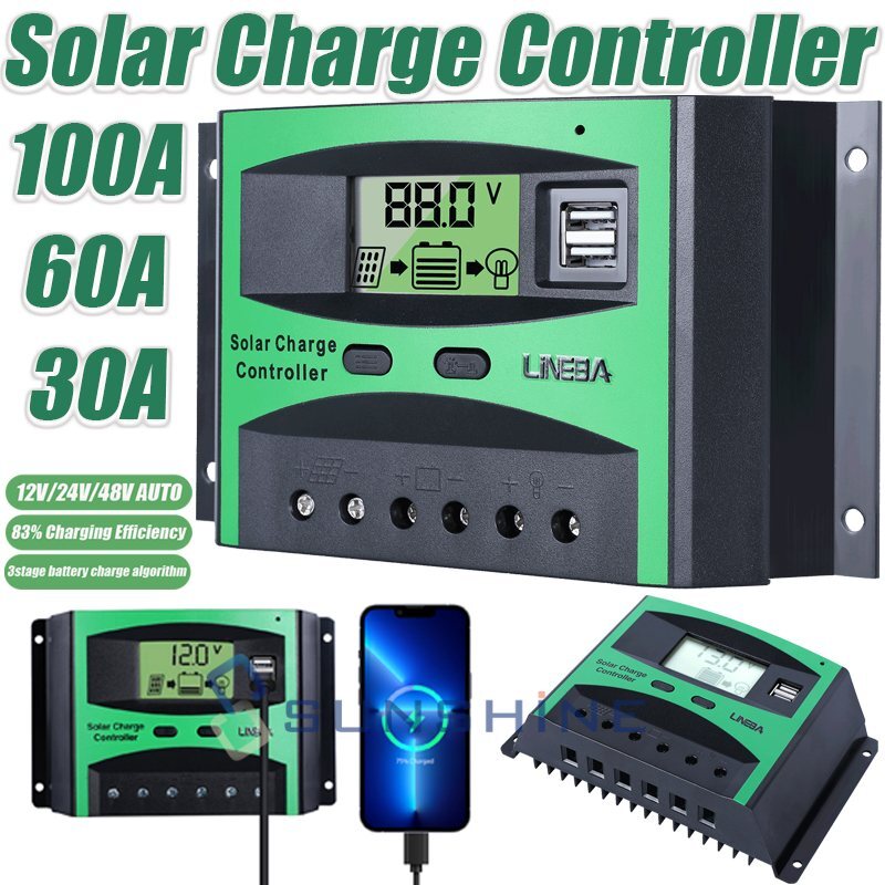 12/24V 10-100A MPPT PWM Solar Charge Controller Panel Battery Regulator Dual USB