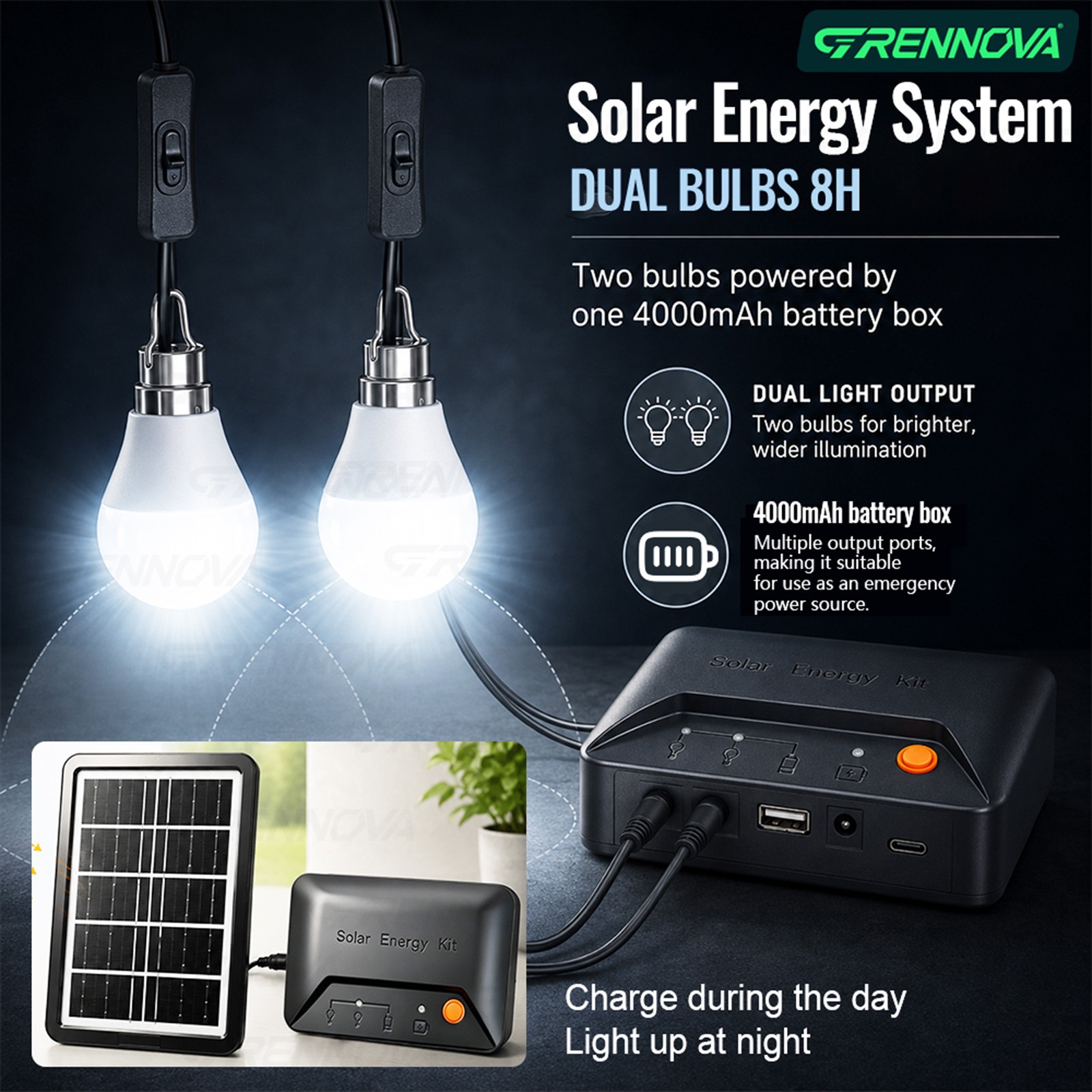 Grennova Portable Solar Light Kit USB Charger 2PCS Switch LED Bulbs