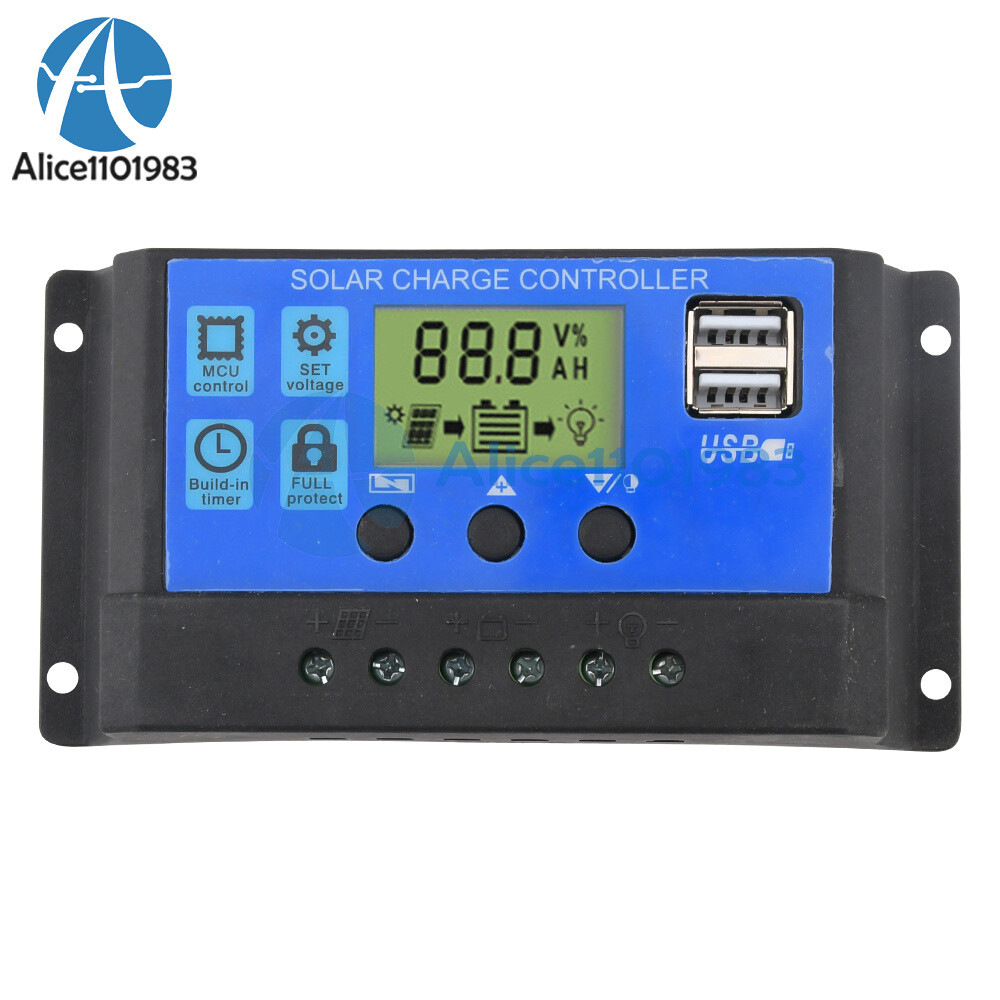 Solar Panel 12V 24V 10A 20A 30A Battery Charge Controller LCD Regulator Dual USB
