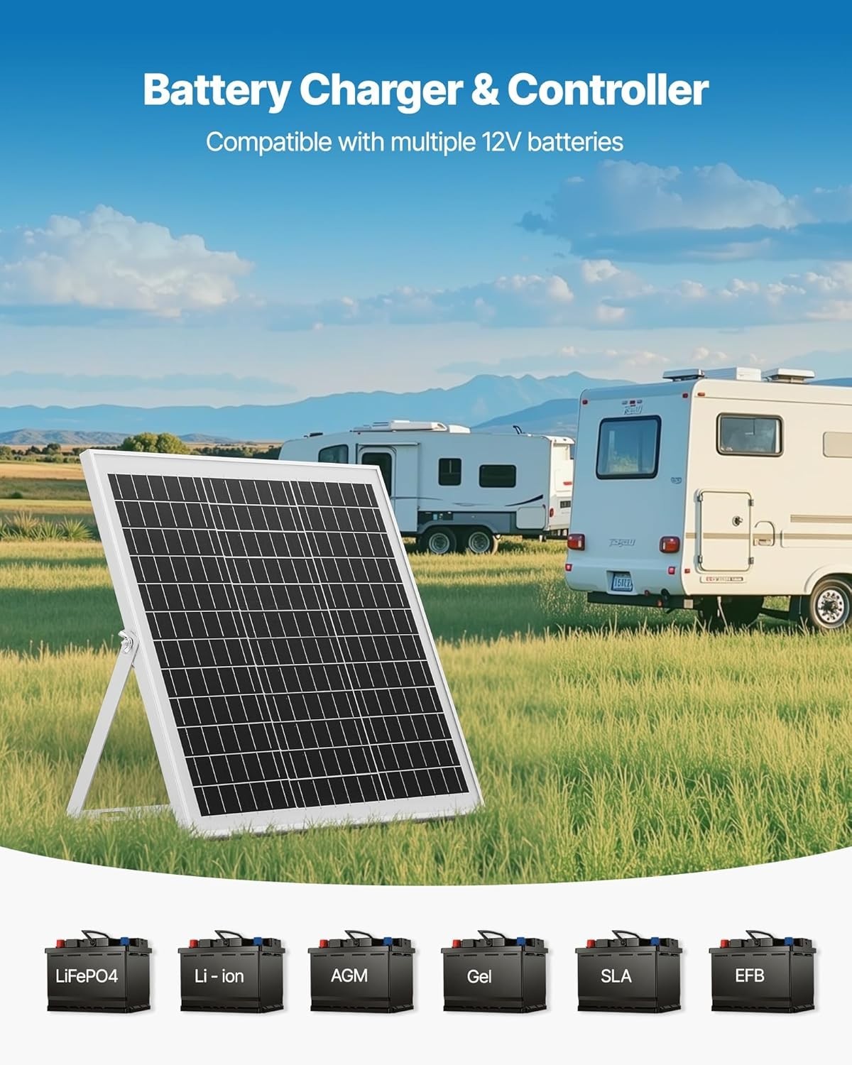 20W 12V Solar Panel Battery Charger, Solar Battery Trickle Charger Maintainer…