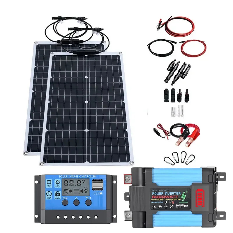 110V220V 6000W Flexible Solar Panel System Kit 12V Battery Charger Controller In