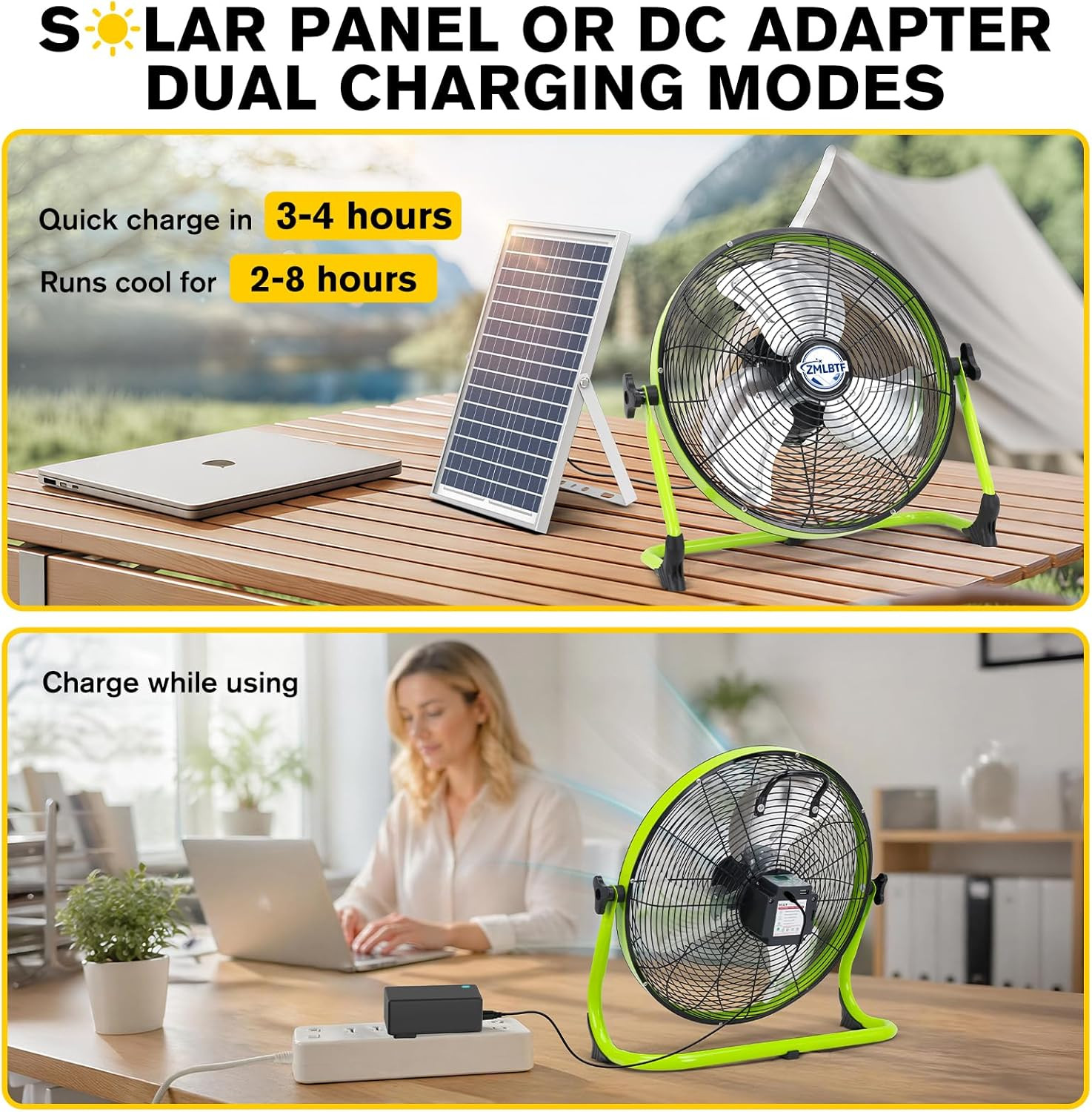 14″ Solar Powered Fan with 20W Solar Panel & Rechargeable Battery, Portable, Qui