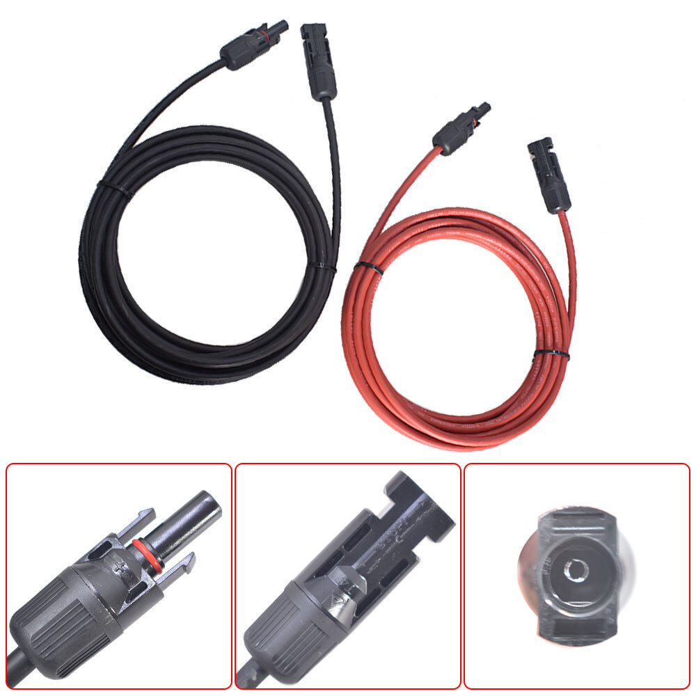 Black + Red Solar Panel Extension Cable Wire Connector 12AWG 10ft Pair New