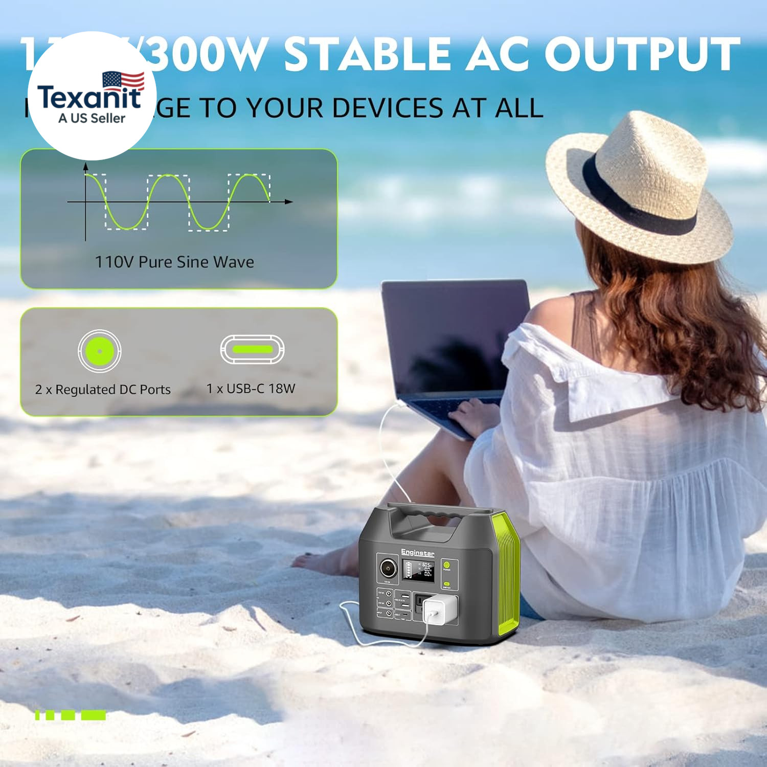 Solar Generator, 300W Portable Power Station, 296Wh Lithium Battery Backup W/Two