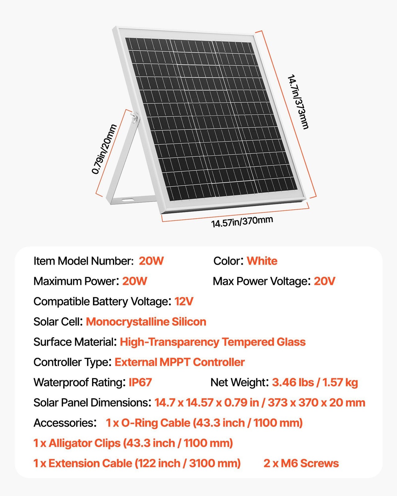 20W 12V Solar Panel Trickle Charger with Smart MPPT and IP67 Enclosure