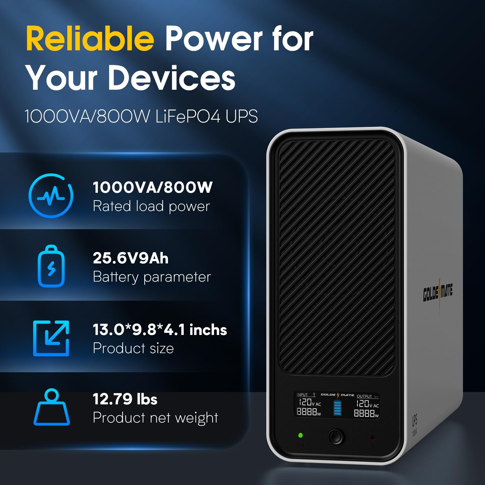 GOLDENMATE 1000VA/800W LiFePO4 UPS Battery Backup Pure Sine Wave for PC