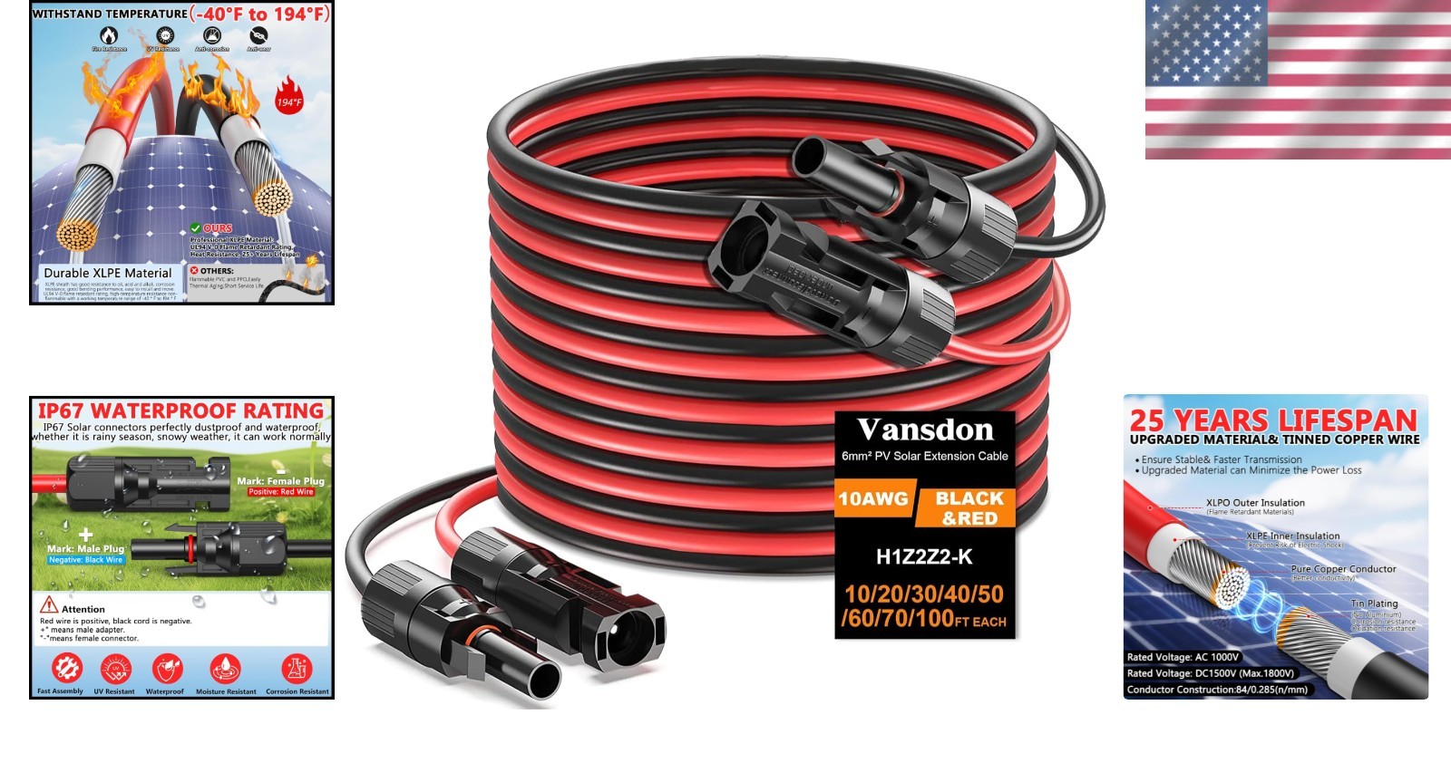 10AWG Tin Plated Copper Solar Panel Extension Cables with Waterproof Connectors