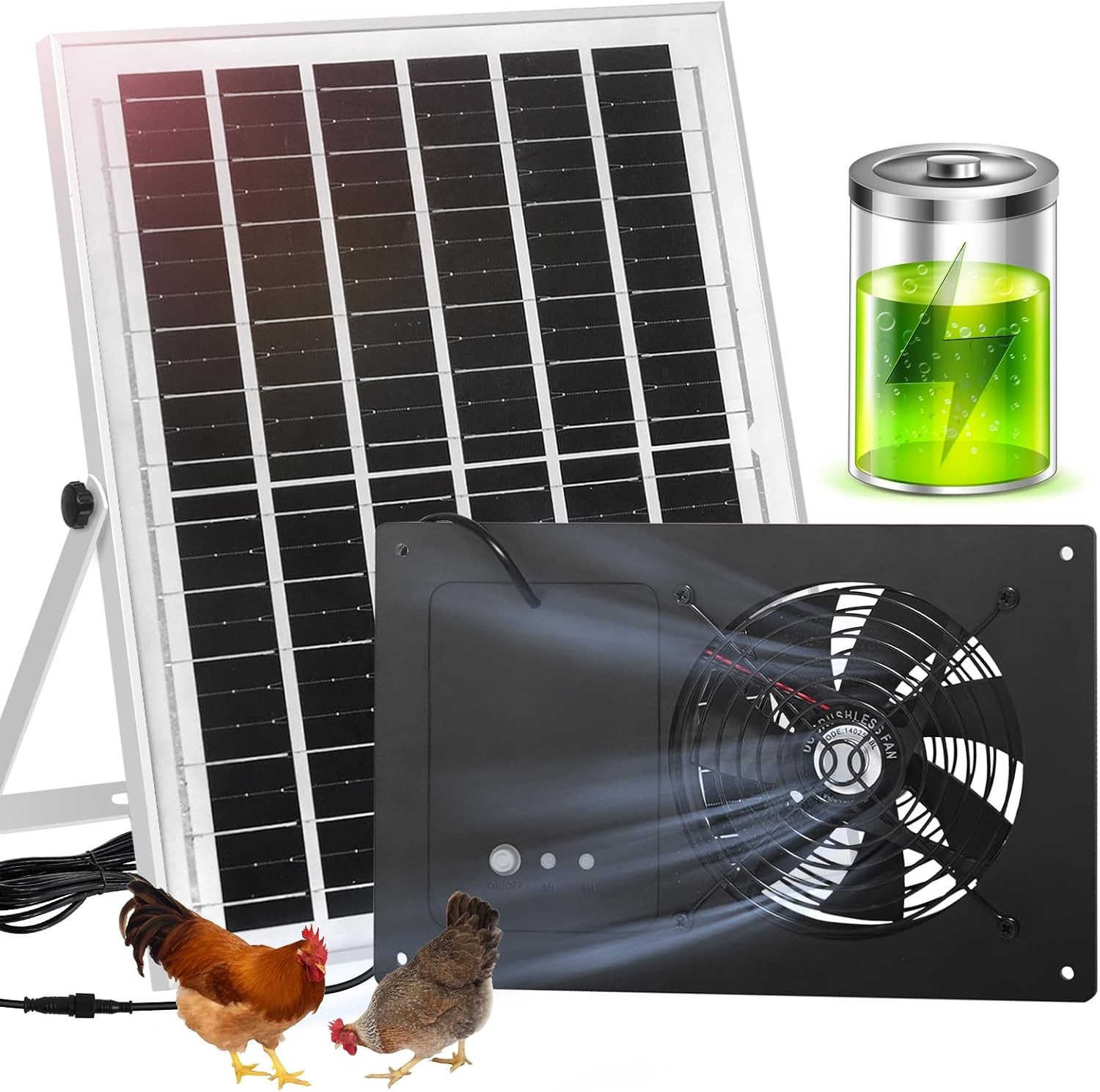 Solar Exhaust Fan W/ Battery & 3H/6H Timer High Speed IP65 Waterproof Solar