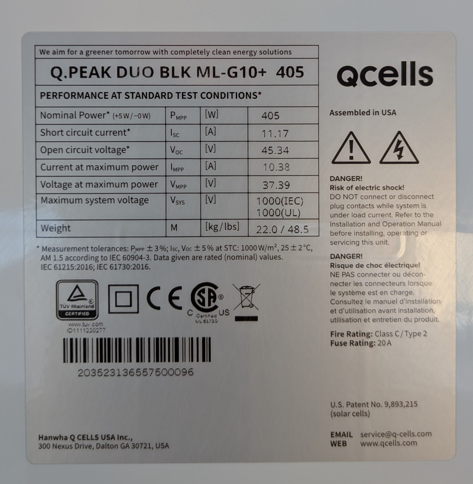 QCELLS 405W Q.PEAK DUO BLK ML-G10+ Lot of 22 Solar Panels.