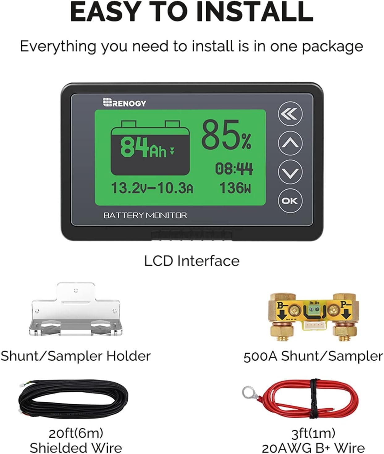 500A Battery Monitor with Shunt, High and Low Voltage Programmable Alarm, Ran…