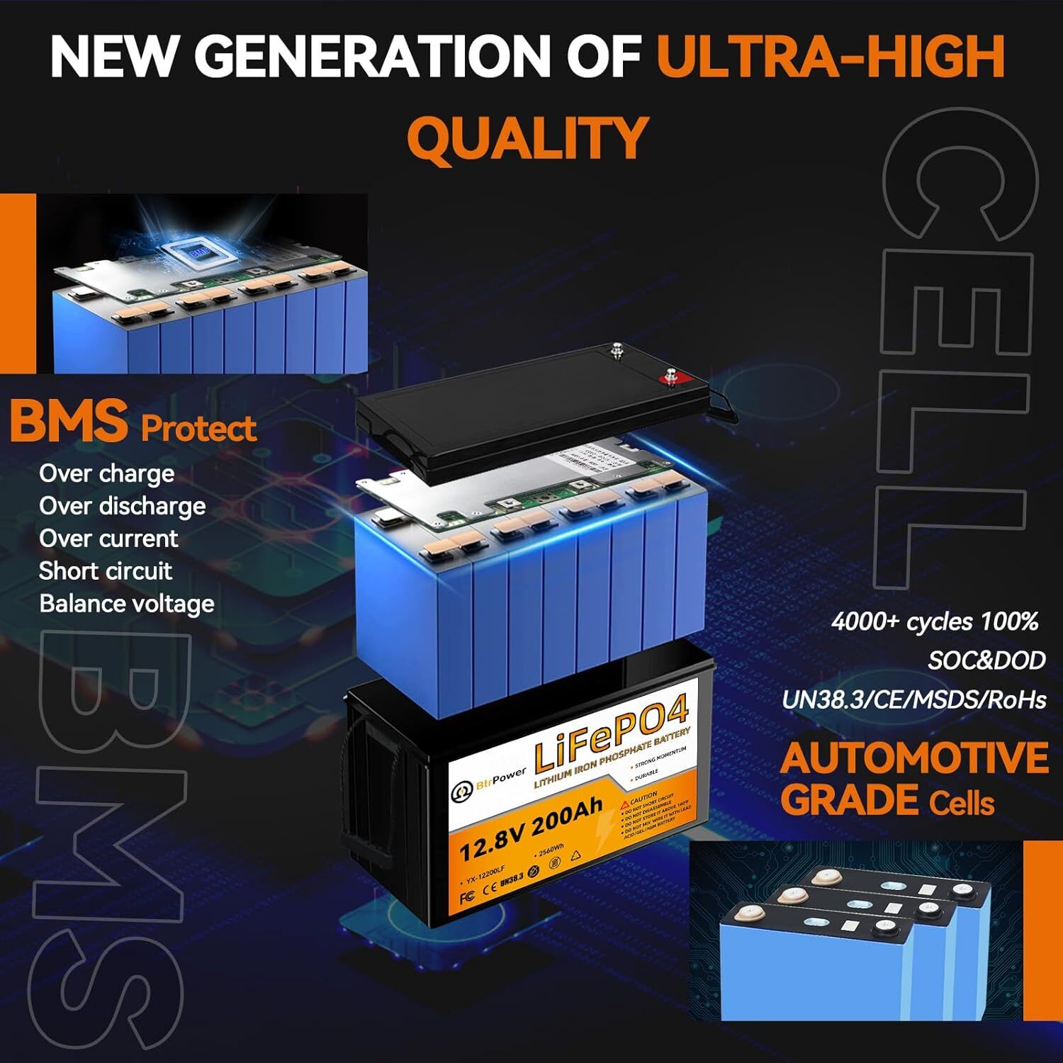 12 Volt 200Ah LiFePO4 Lithium Battery With 100A BMS for Marine RV Solar System