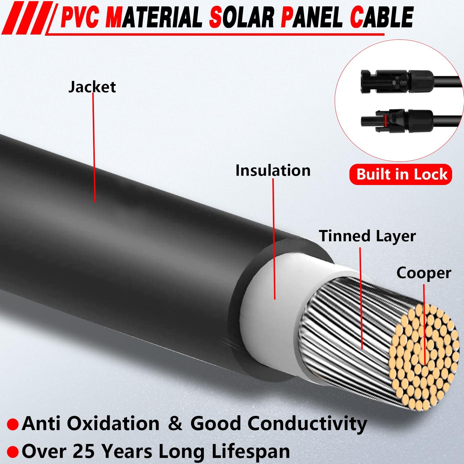 Solar Panel Cable 100FT 10AWG Red Black 2 Pack Storage
