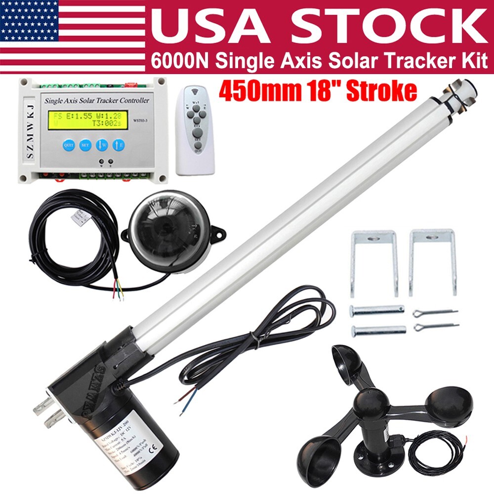 LCD Single Axis Solar Tracking Kit W/ 6000N 18″ DC Linear Actuator W/ Anemometer