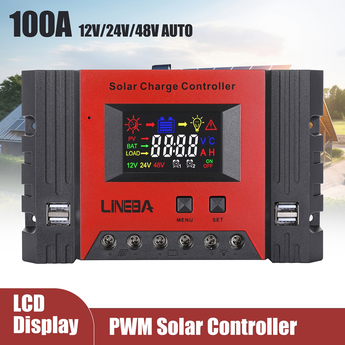 5200W 100A 4USB Real-time Solar Charger Controller 12V/24V/48V Battery Regulator