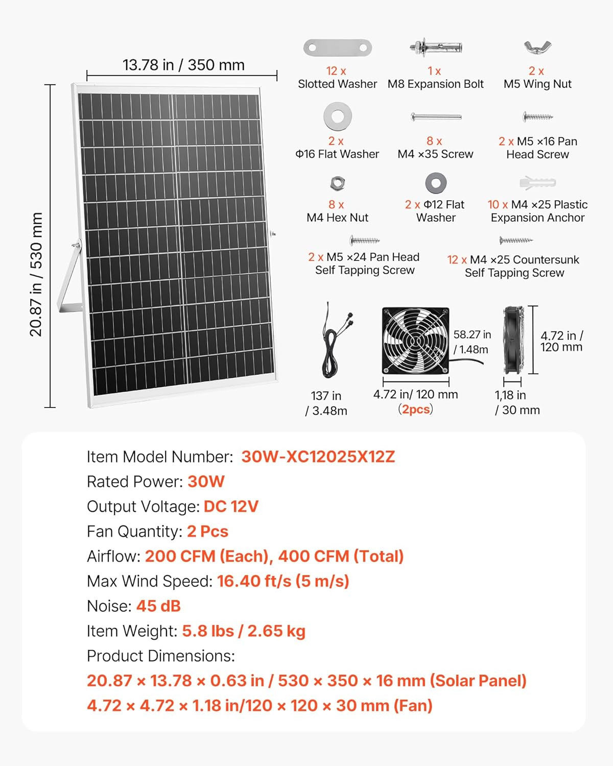 Solar Powered Fan, 30W Solar Panel with 2 Fans, Adjustable Solar Panel Angle, 26