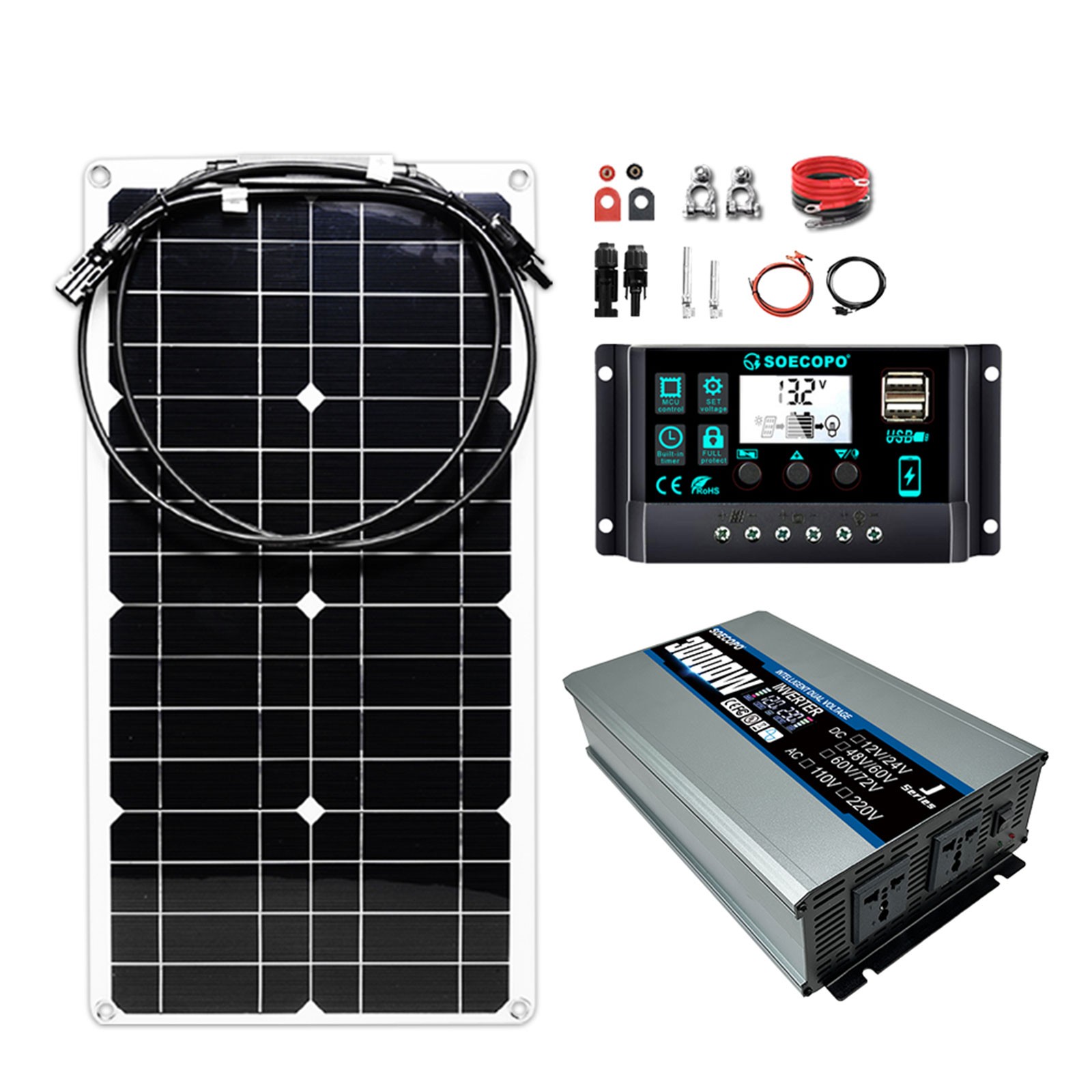 SOECOPO 30000W Peak Solar System Kit Flexible Panel for Camp Charger Off GridlN