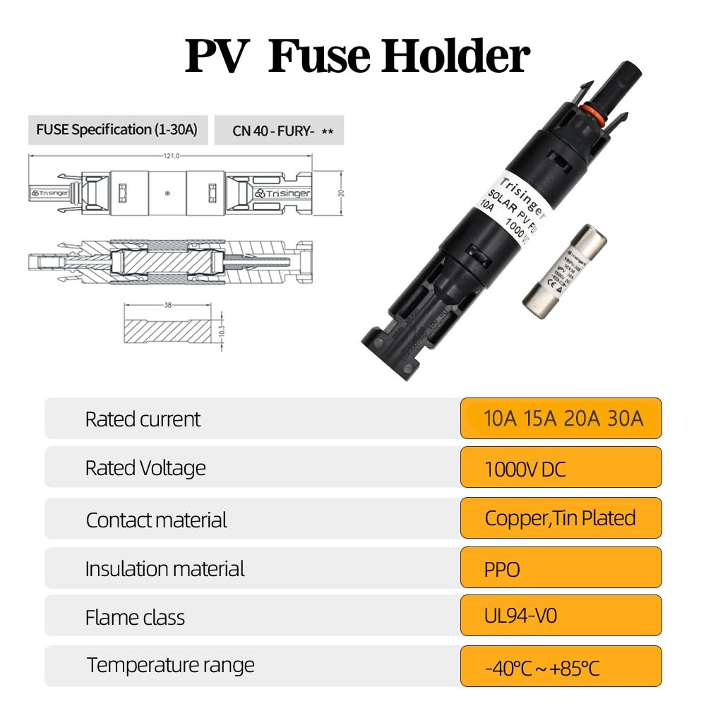 Fuse Holder Connector, 1000VDC IP68 Waterproof 10A in-line Fuse, for Solar Ph…