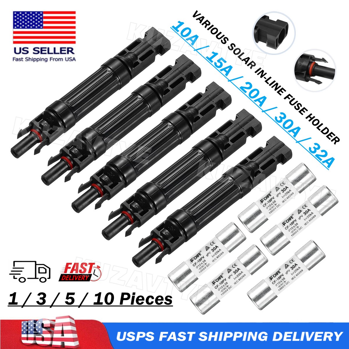 1/3/5/10 Pieces 10A 15A 20A 30A 32A in-line Fuse Holder with Fuses PV Connectors