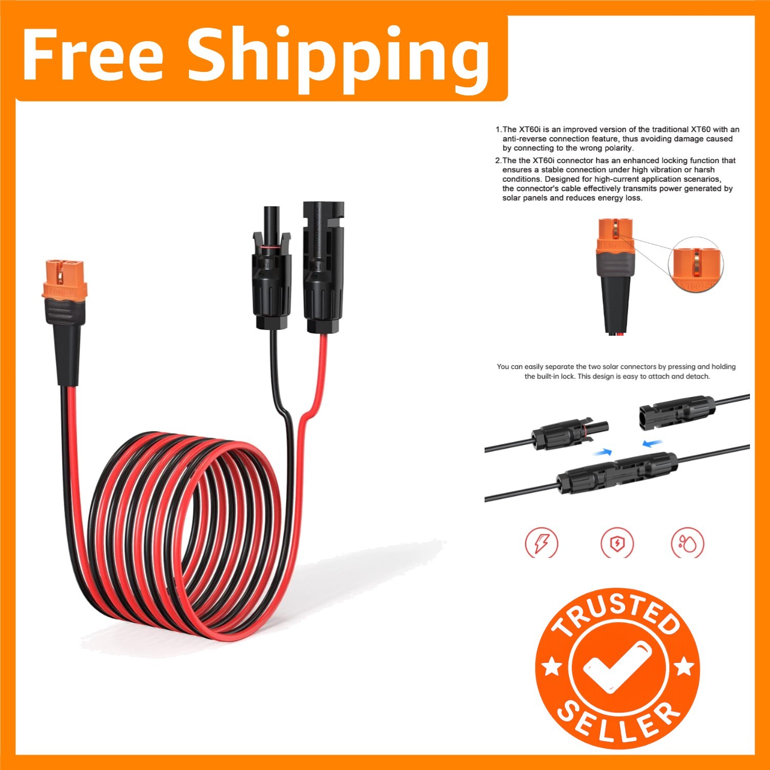 Versatile 10FT 12AWG Solar Cable with XT60i Connector – Ideal for Power Stations