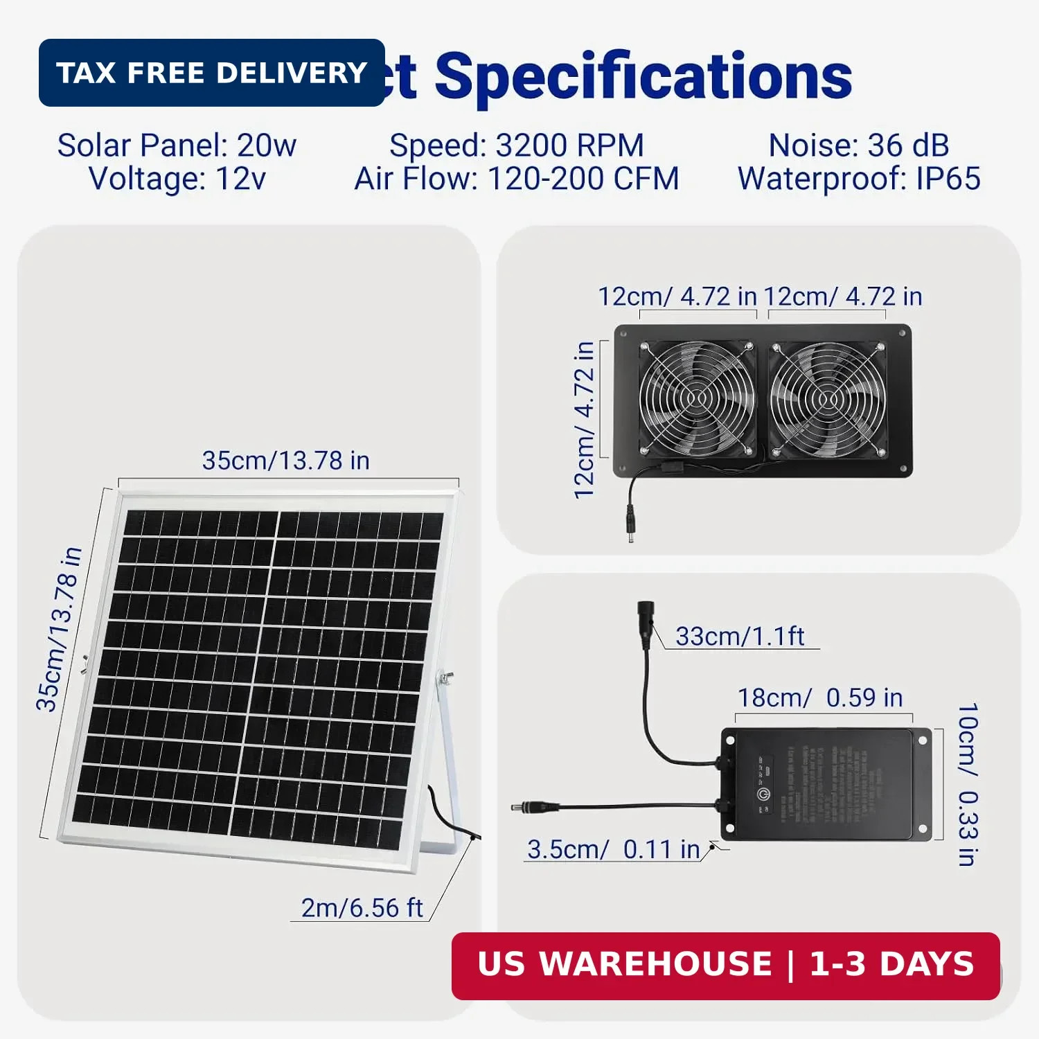 Solar Powered Exhaust Fan with Battery & Temp Sensor, 20W Solar Panel, Dual 4.7″