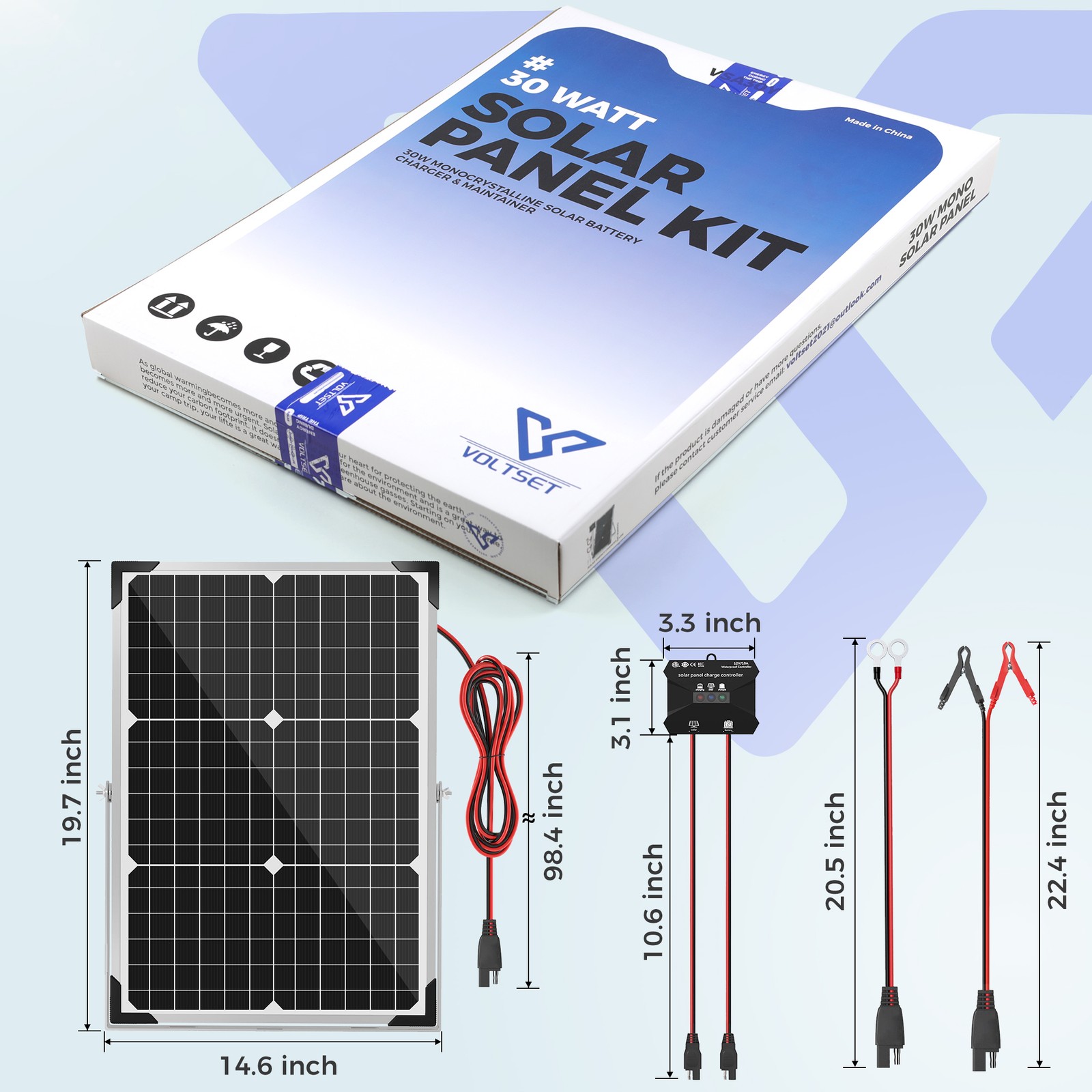 Solar Battery Trickle Charger 30W 12V Solar Panel Maintainer for Car Boat RV