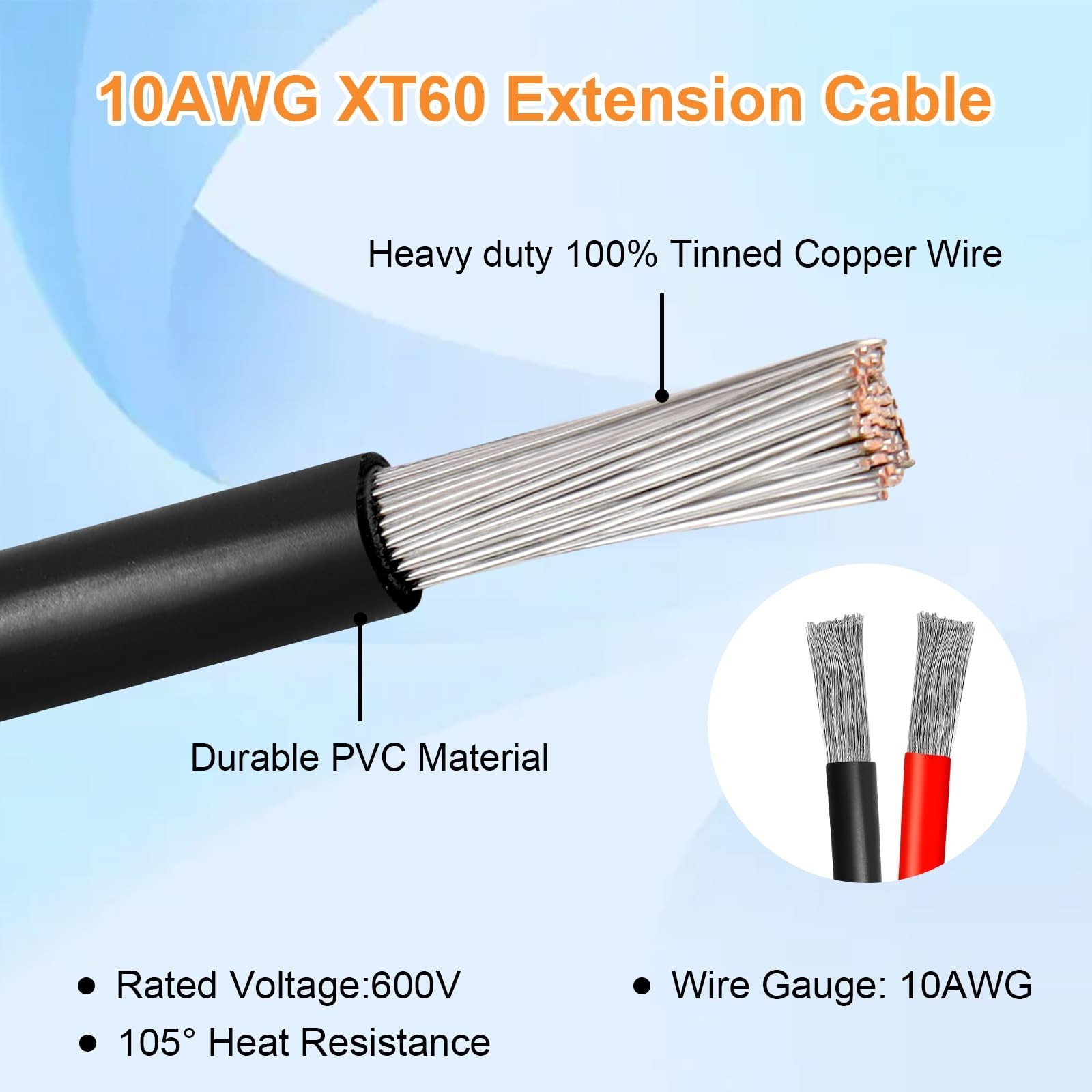 35FT 10AWG XT60 Solar Extension Cable – Male to Female Adapter for Power Station