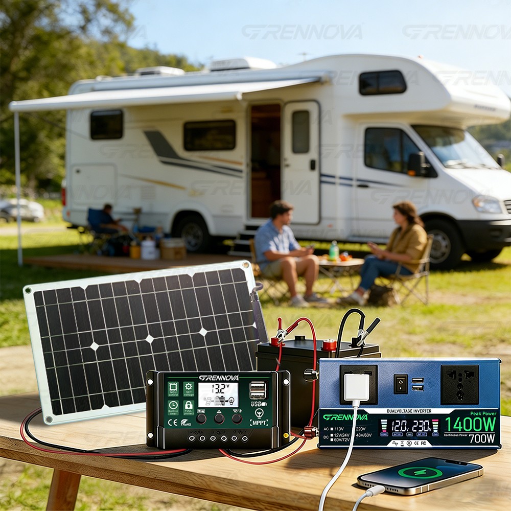 Grennova 1400W Solar Kit 80W Mono 60A MPPT 12/24V 110/220V Inverter RV Home