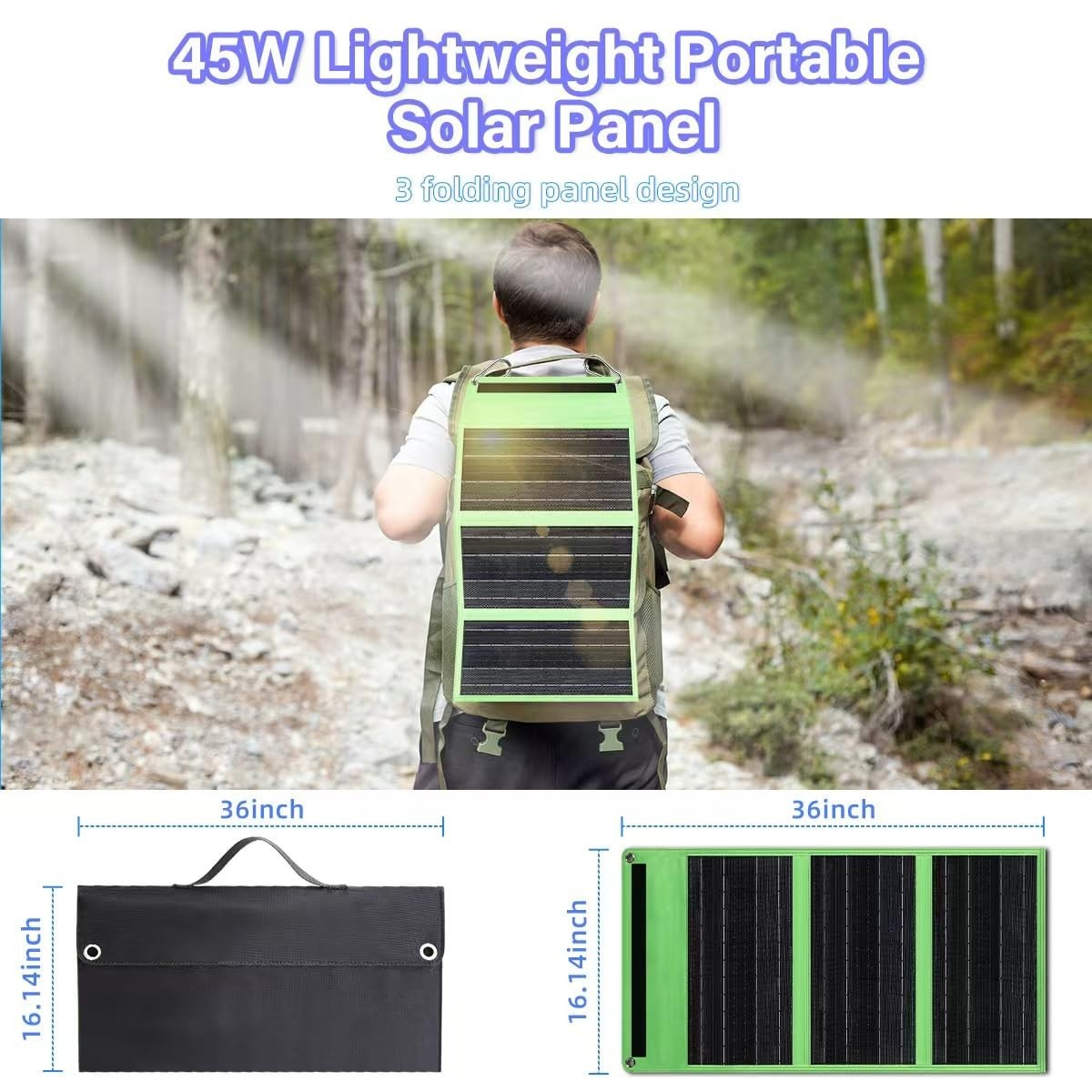 45W Foldable Solar Charger, Dual USB-A & USB-C, Waterproof Portable Power Bank f