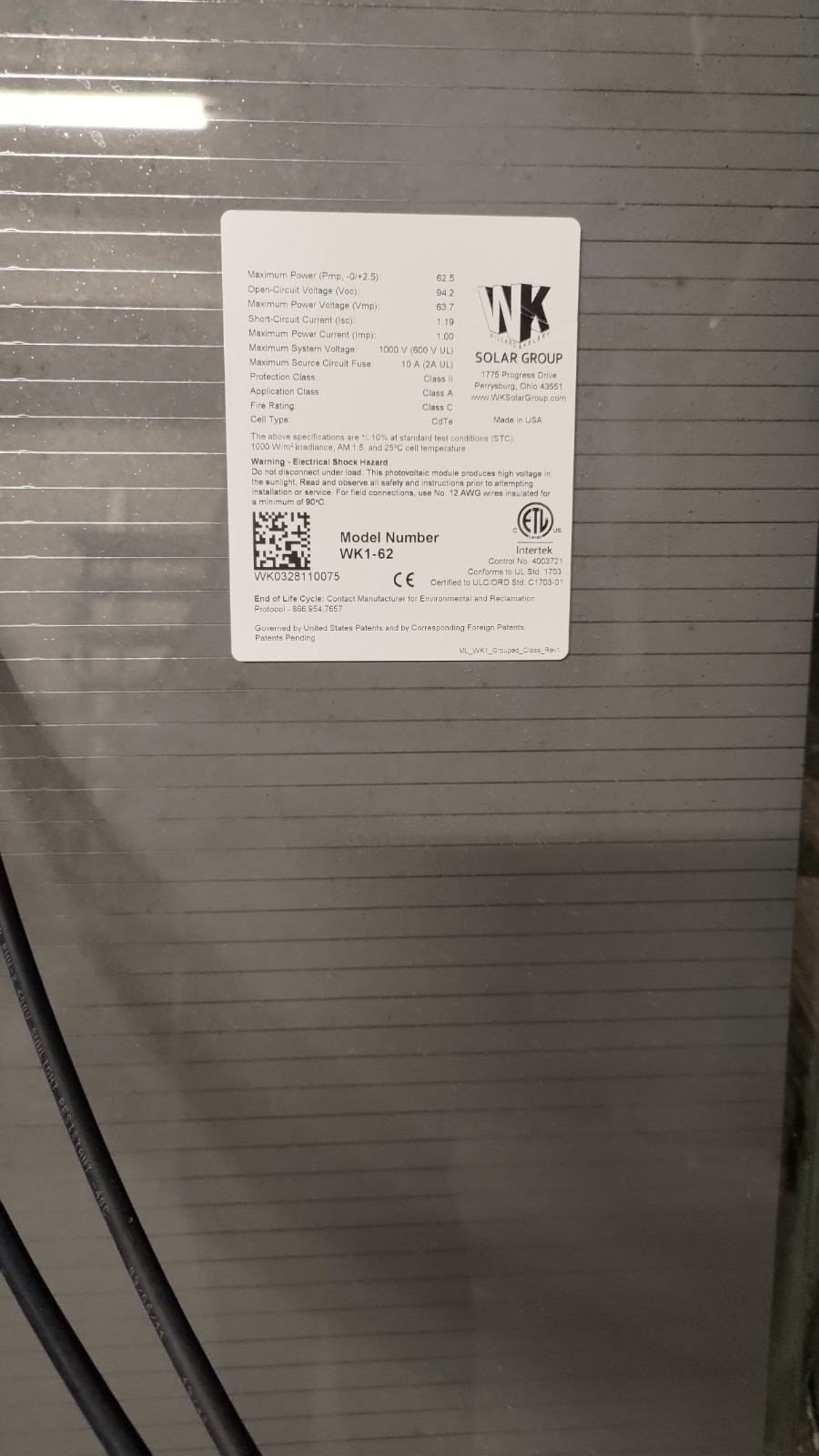 Solar Panels 3.1 kW MADE iN USA CdTe Thin-Film High Quality WK1-62 NIB- 1 pallet