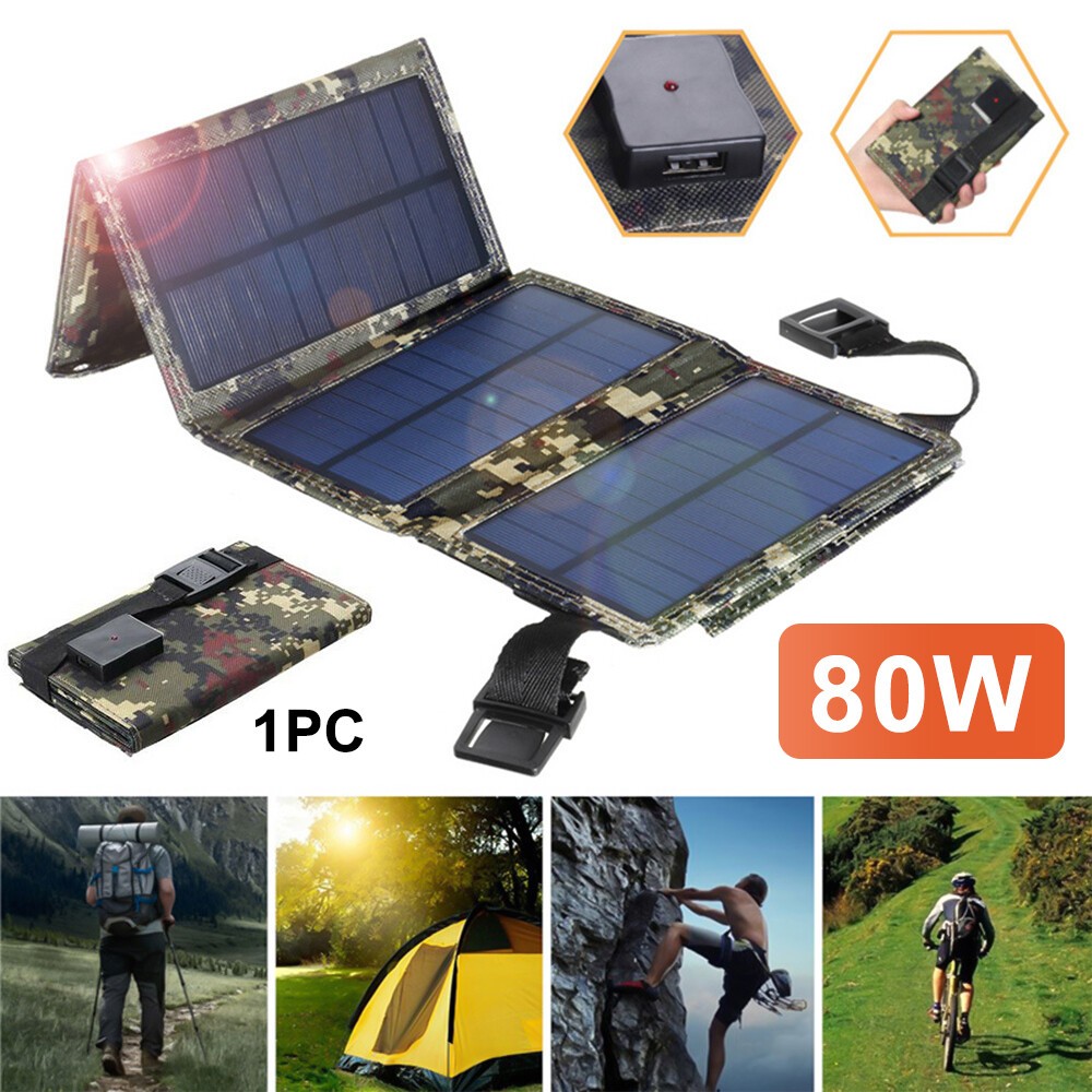 80W USB Solar Panel Folding Power Bank Outdoor Camping Hiking Phone Charger US