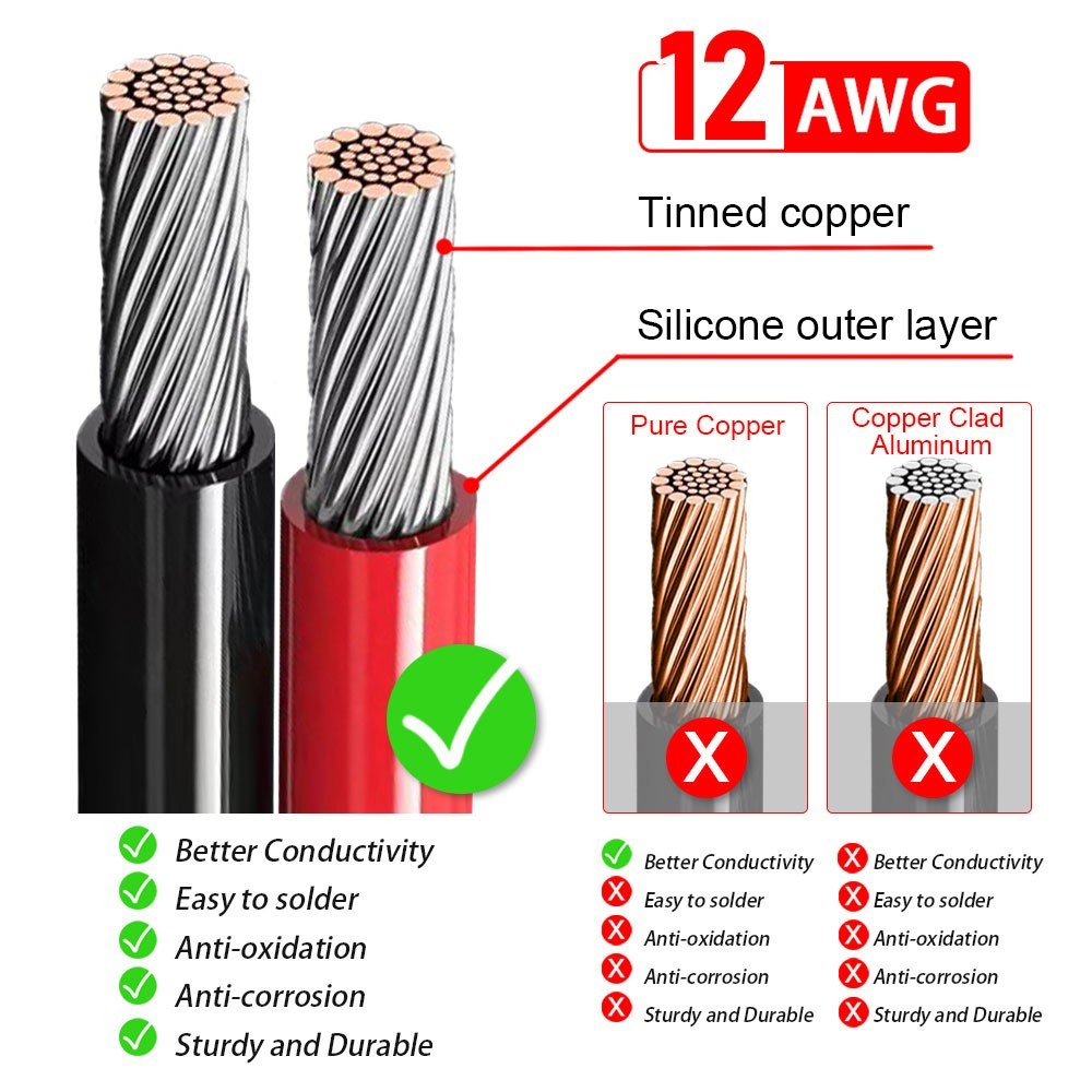 6ft/2m 12AWG XT60i Female Connector to Solar Panel Extension Charging Cable Wire