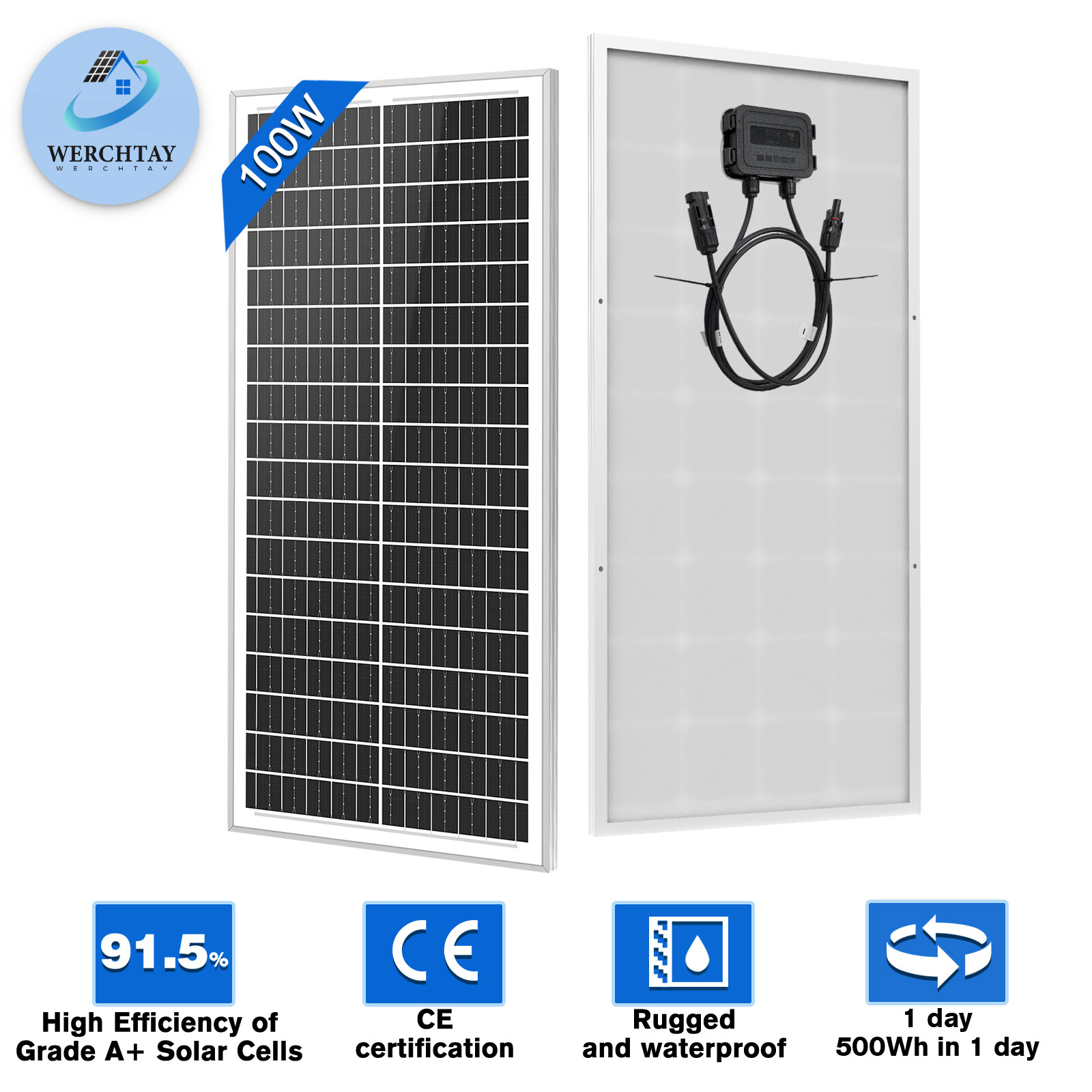 100W Watt 12V Monocrystalline Solar Panel For RV Camping Home Off Grid Golf Boat