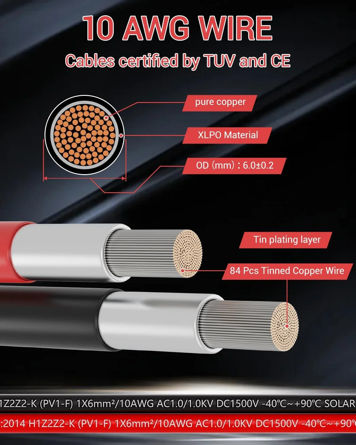 10AWG Solar Extension Cable 30FT, Solar Panel Wire, 10 Gauge Tinned Copper PV Wi