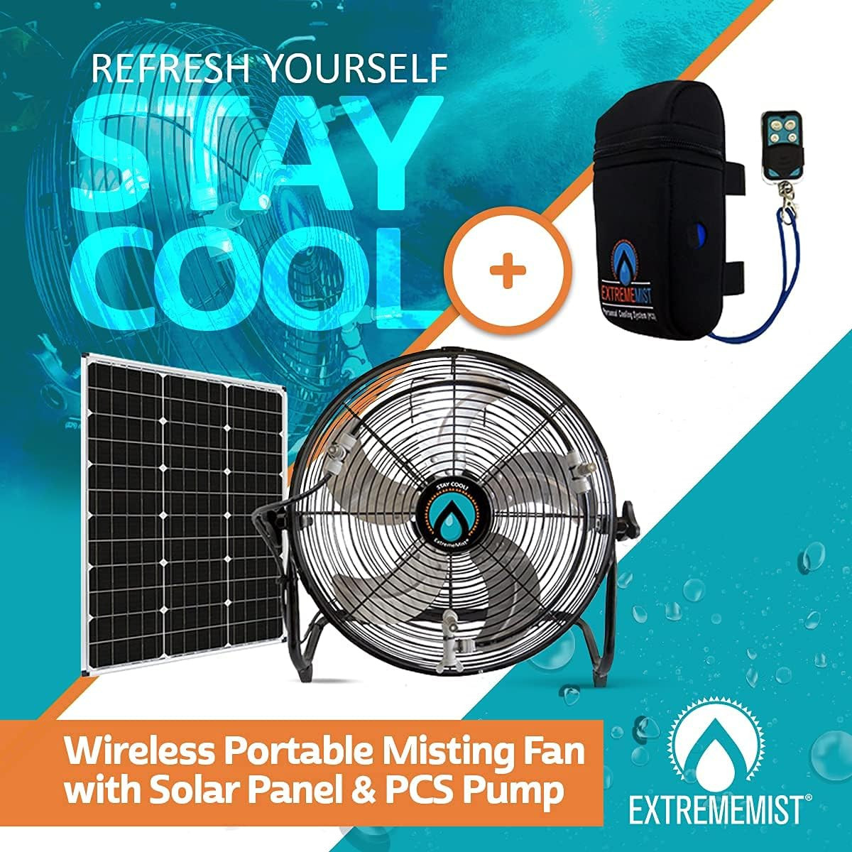 EXTREMEMIST 14” Solar Powered Misting Fan – 3 Mister Nozzles, 20W Solar Panel |