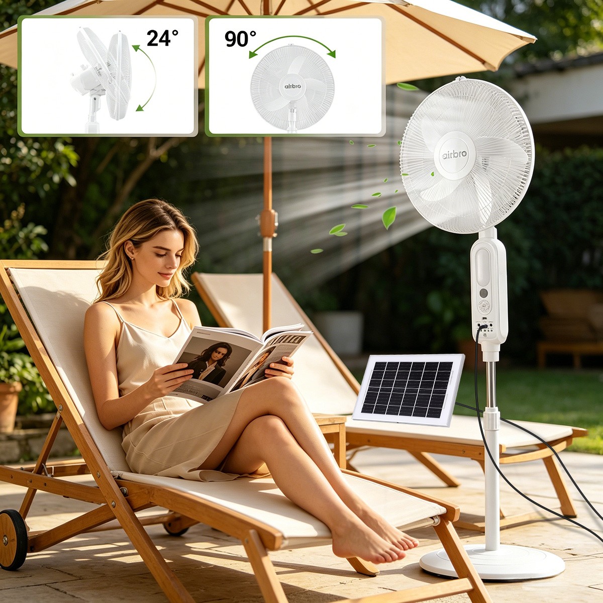 16″ Floor Standing Fan Solar Powered w/ 2PCS Emergency LED Bulbs Remote Outdoor