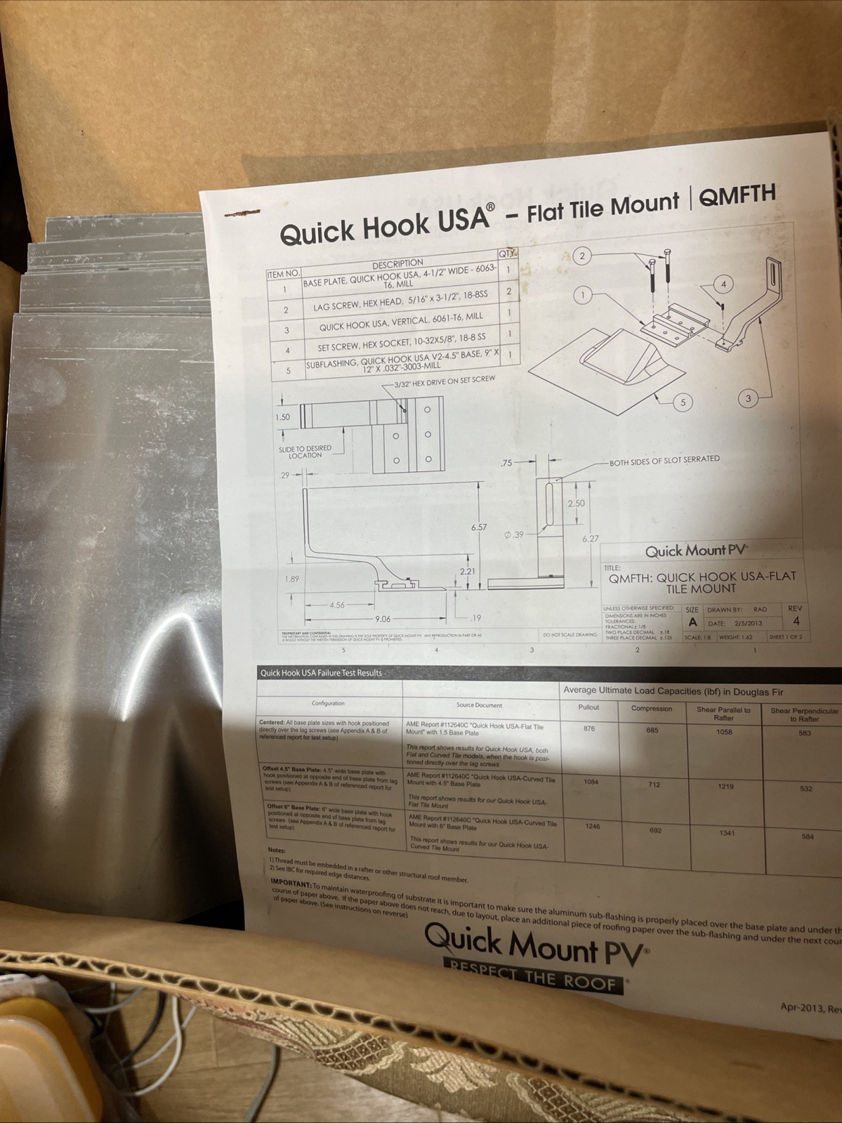 Quick Mount PV QMFTH A 12 Flat Tile Quick Hook 12 4.5”Base Finish Mill Free Ship