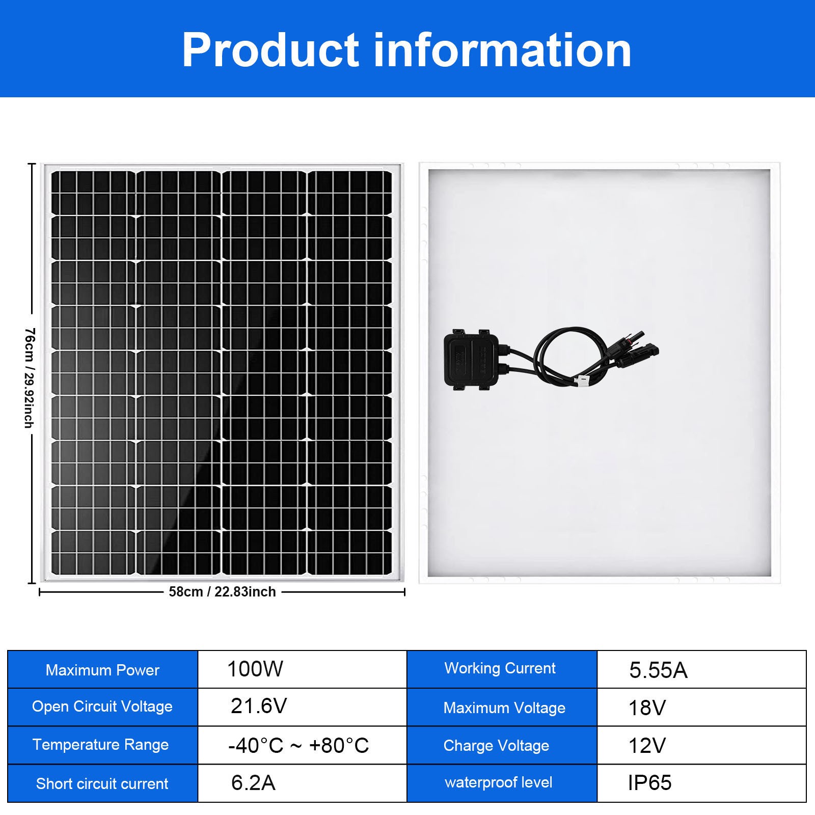 100W 12 Volt High-Efficiency Mono Solar Panel PV Module for RV Marine Rooftop