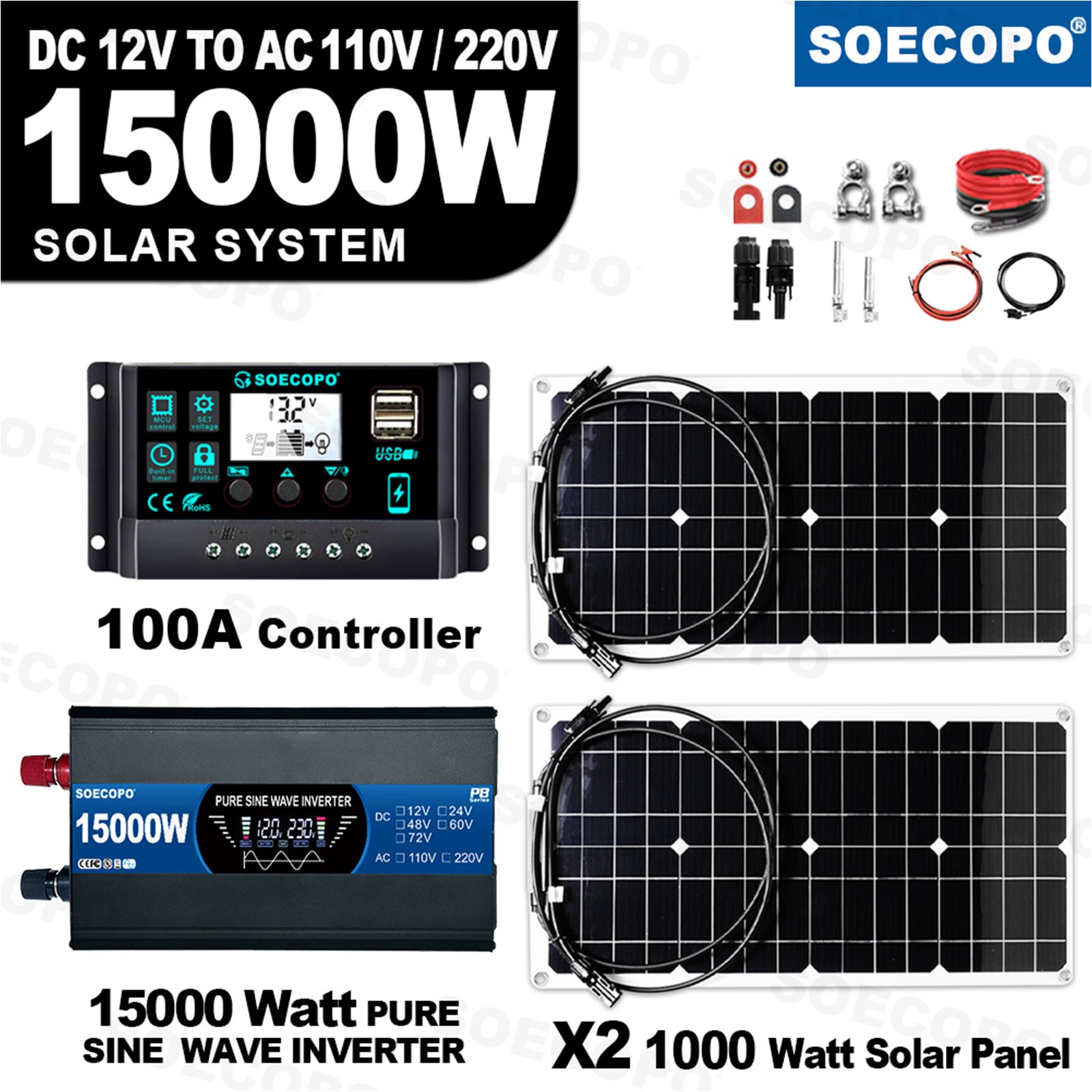 15000W Solar System Kit 100A Controller DC12V AC 110V 220V 2pcs Flexible PanelC1
