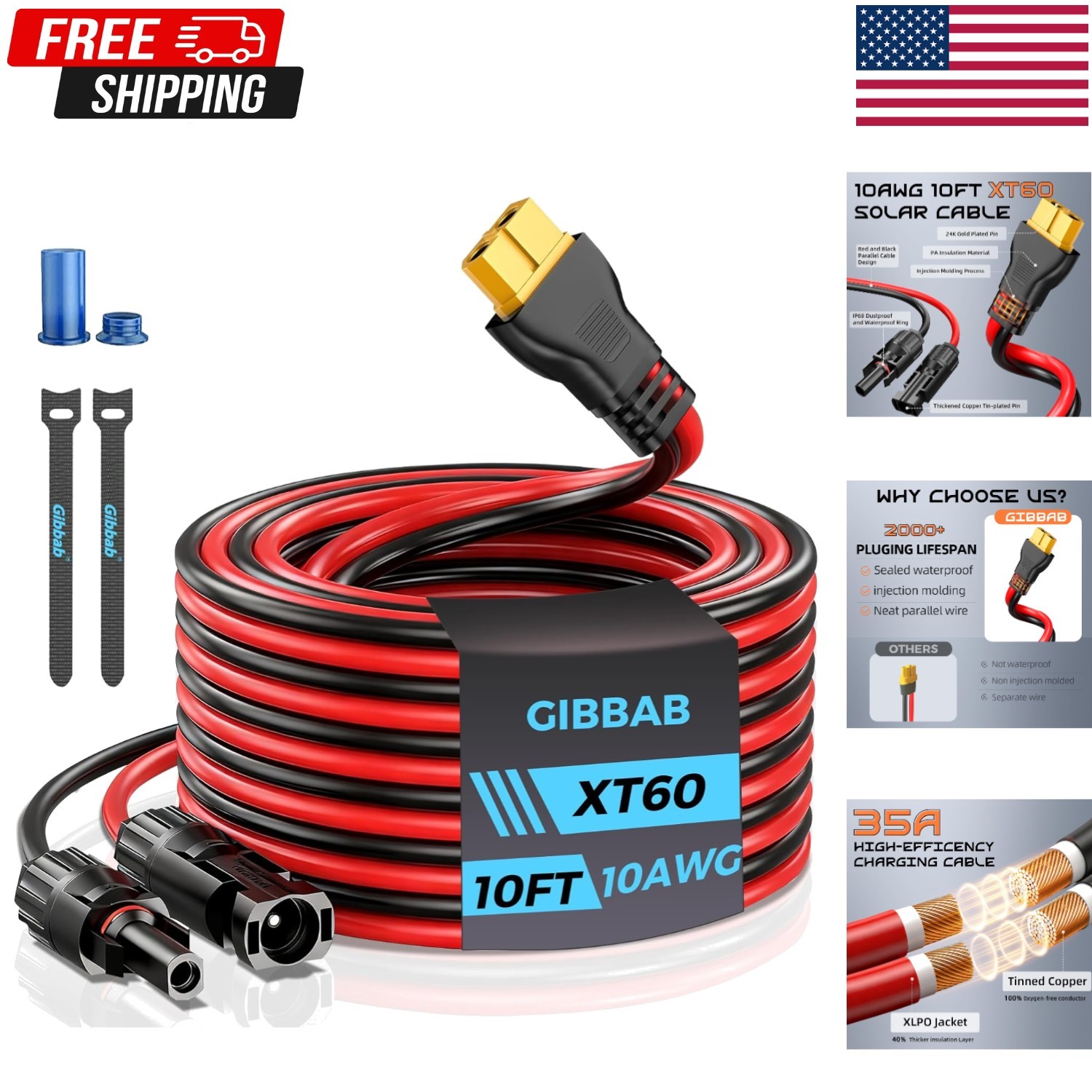 10AWG 10FT Solar to XT60i Cable, Gibbab 3 10 25FT Solar Panel Connector to XT60i
