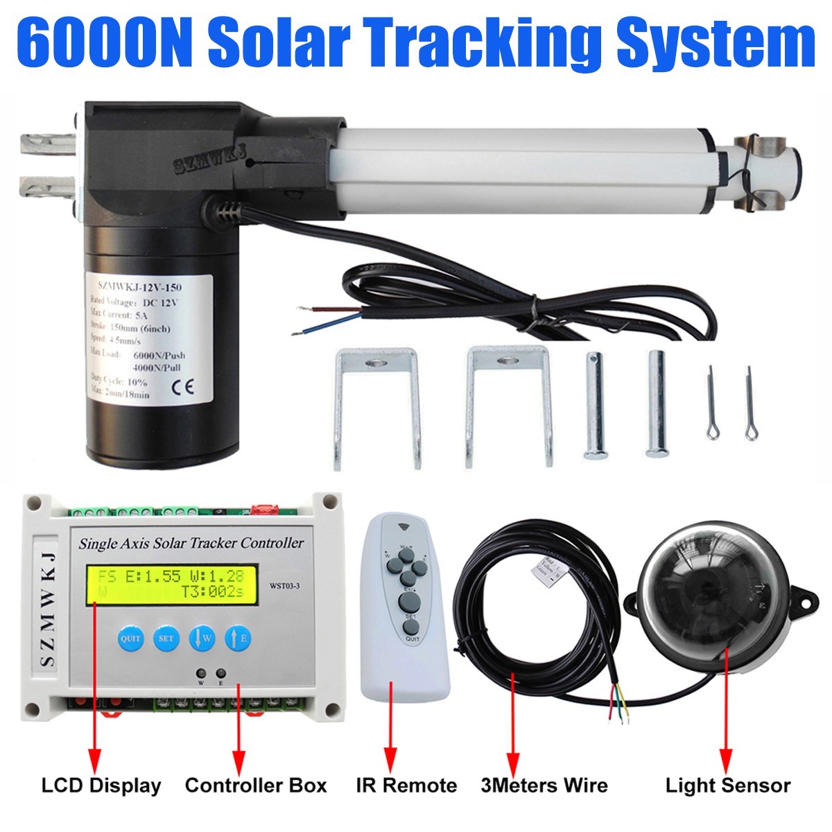 Single Axis Solar Tracker Kit + 6″ 6000N Linear Actuator + Electronic Controller