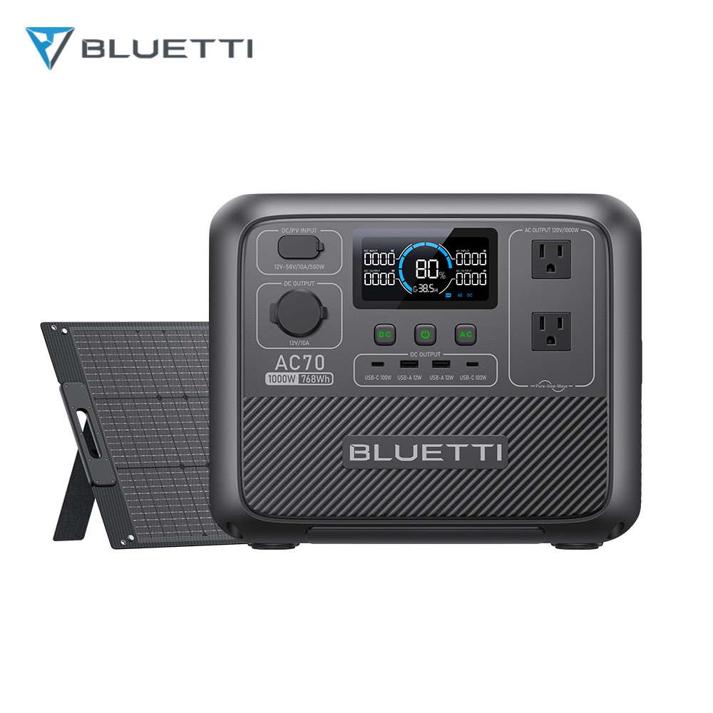 BLUETTI AC70 1000W 768Wh Portable Power Station+100W Solar Panel Off-Grid Living