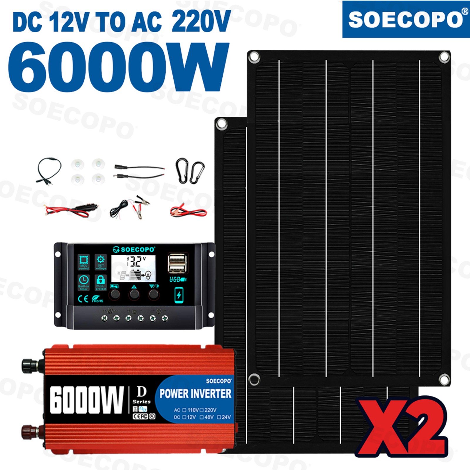 6000W DC to AC Solar Inverter Kit | Includes 2pcs Solar Panels & Charge ControLC