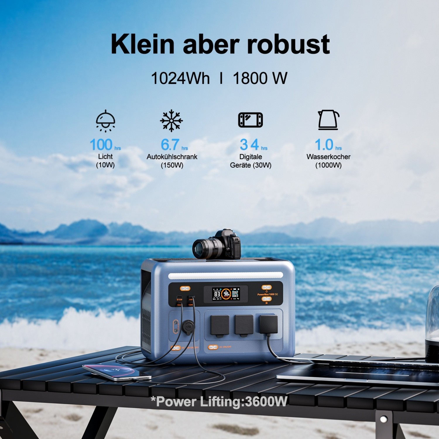 PowerMax 1800SE OSCAL 1024Wh 200W Solarpanels USV LiFePO4 Tragbares Powerstation