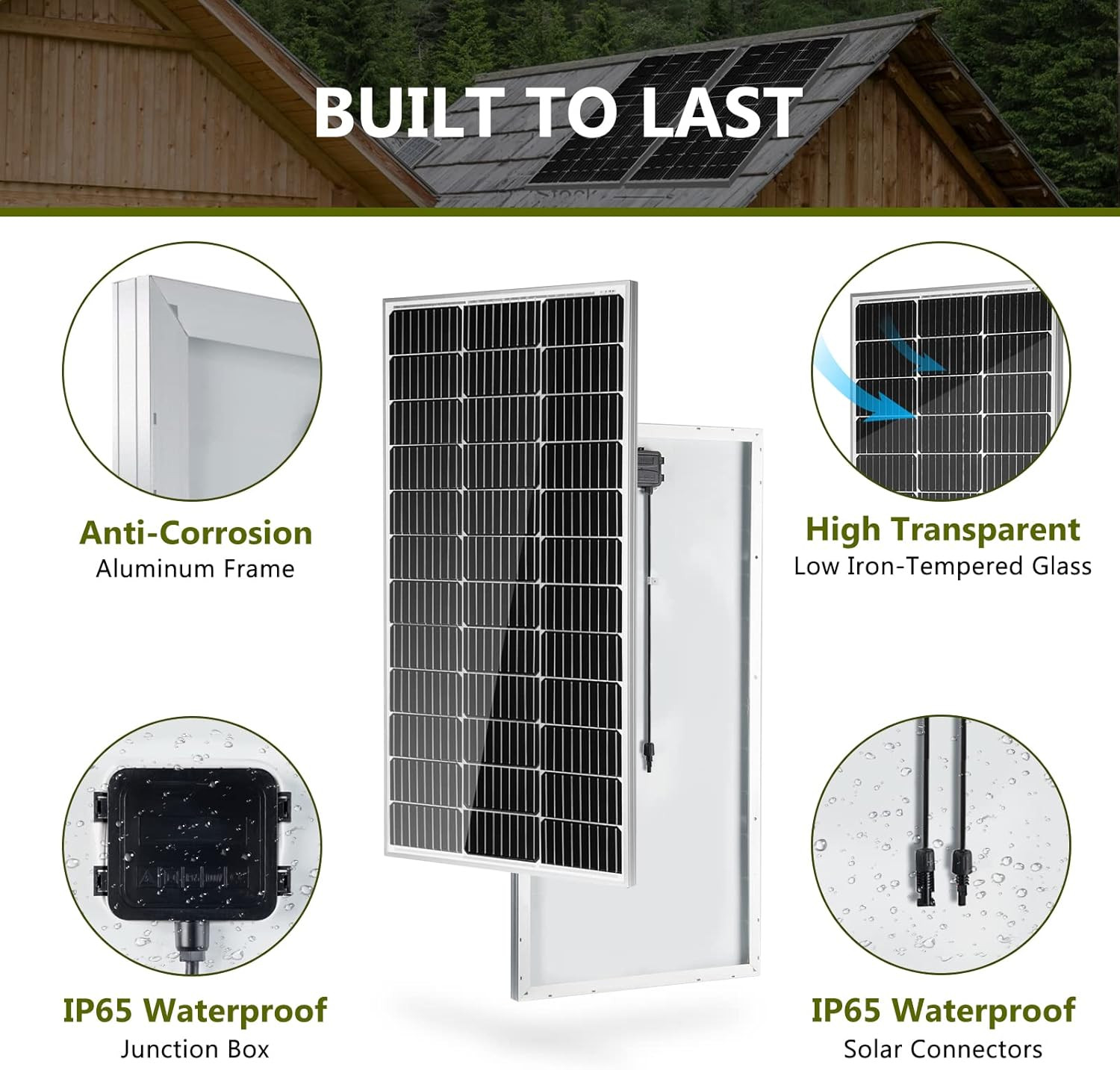 HQST 2Pcs 100W 12V Monocrystalline Solar Panel, up to 25% High Efficiency Module