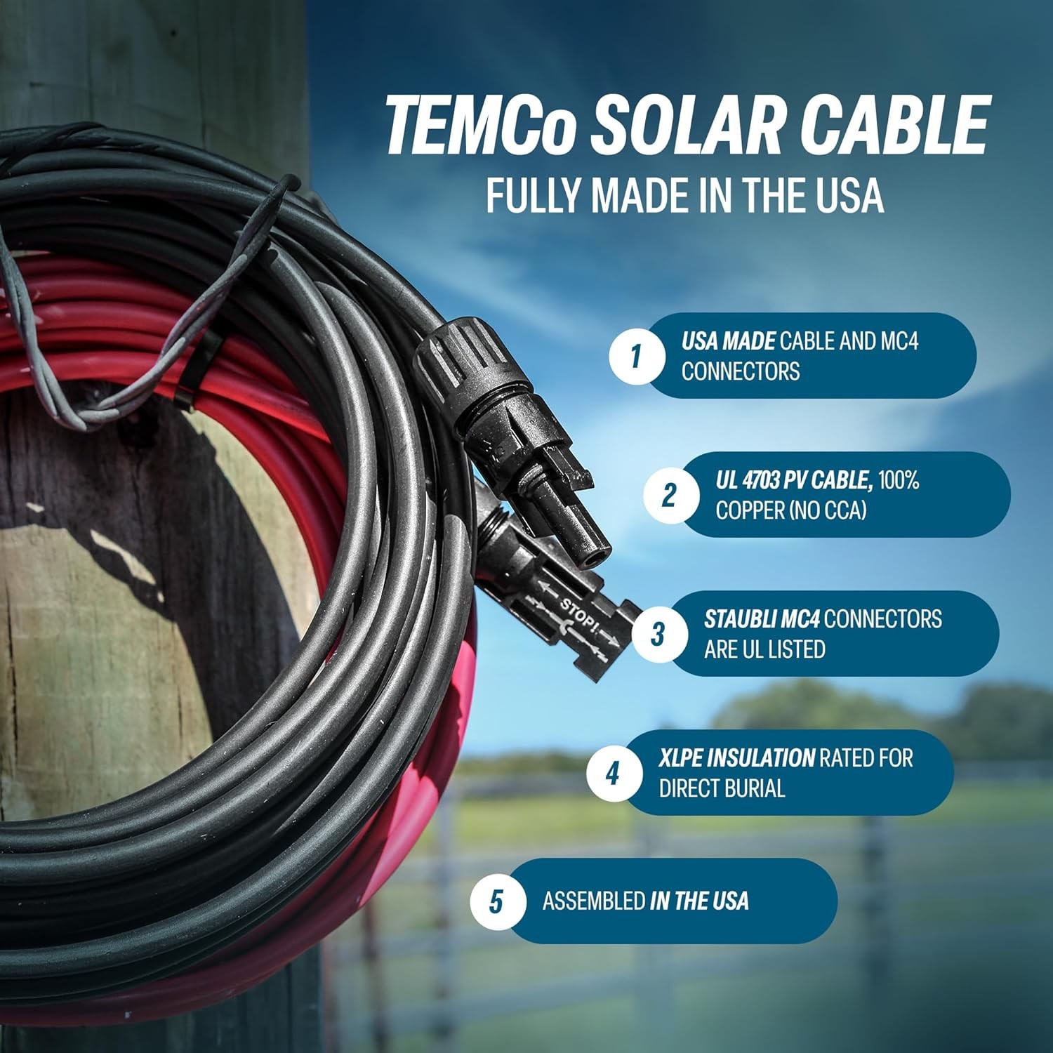 100 ft 10 AWG Solar Panel Extension Cable MC4 Connectors