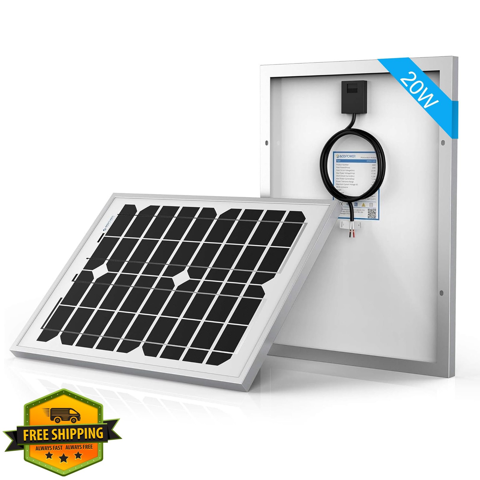 ACOPOWER 20W Mono Solar Panel 12V Battery Charger