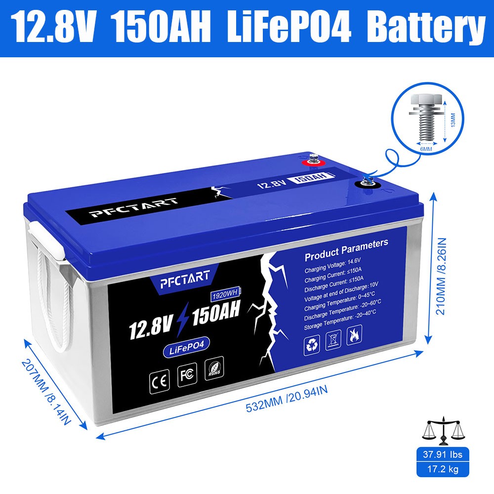 PFCTART 150AH LiFePO4 Lithium Battery Built-in Smart BMS for Solar RV Camping