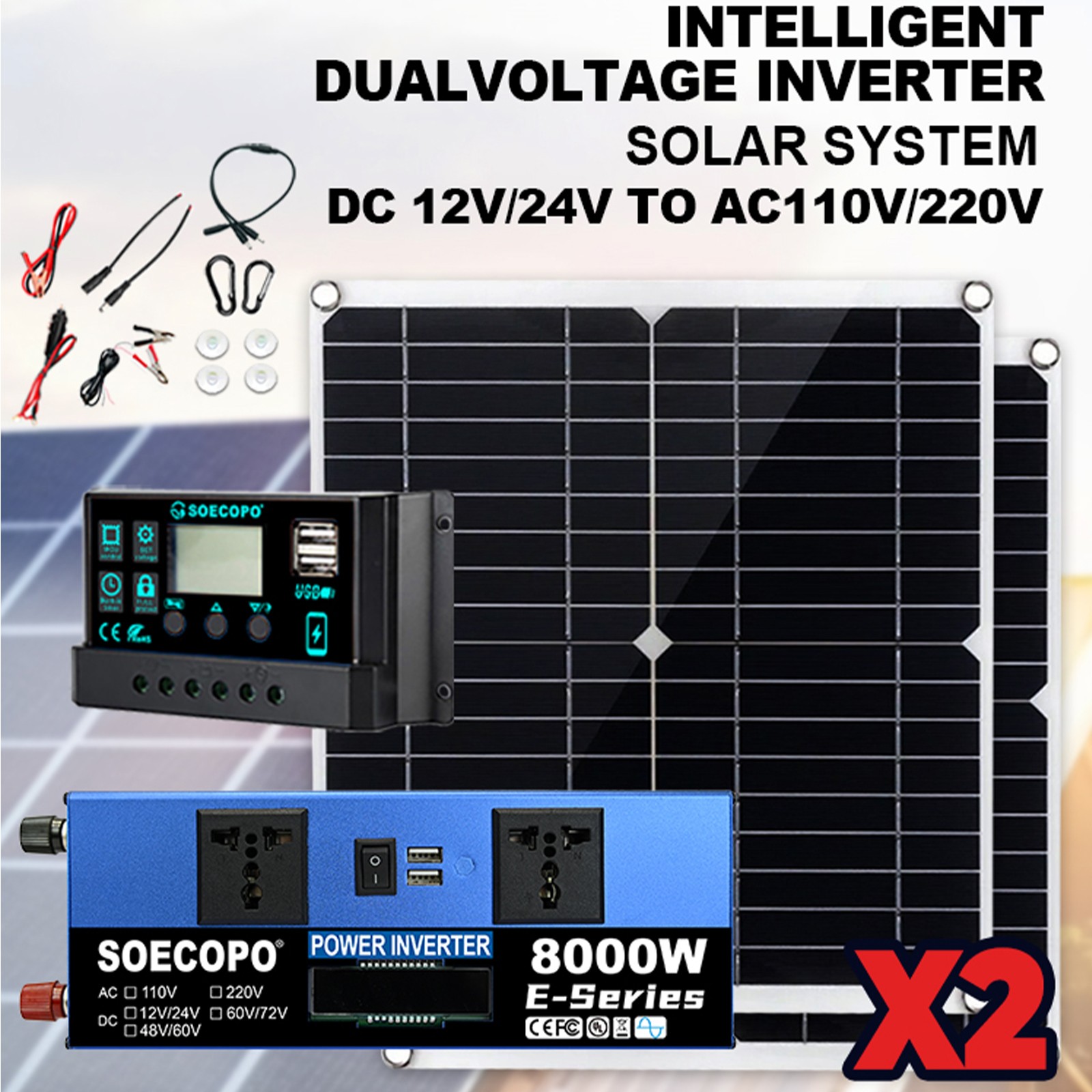 8000W Solar Inverter Kit (12V24V DC to 110V/220V AC) + 2pcs Solar Panels