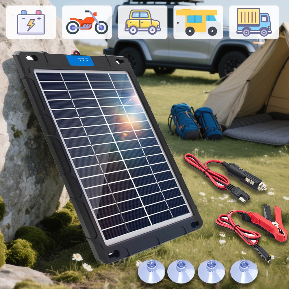 15W Solar Panel Battery Trickle Charger & Maintainer Kit For Car Camping Travel